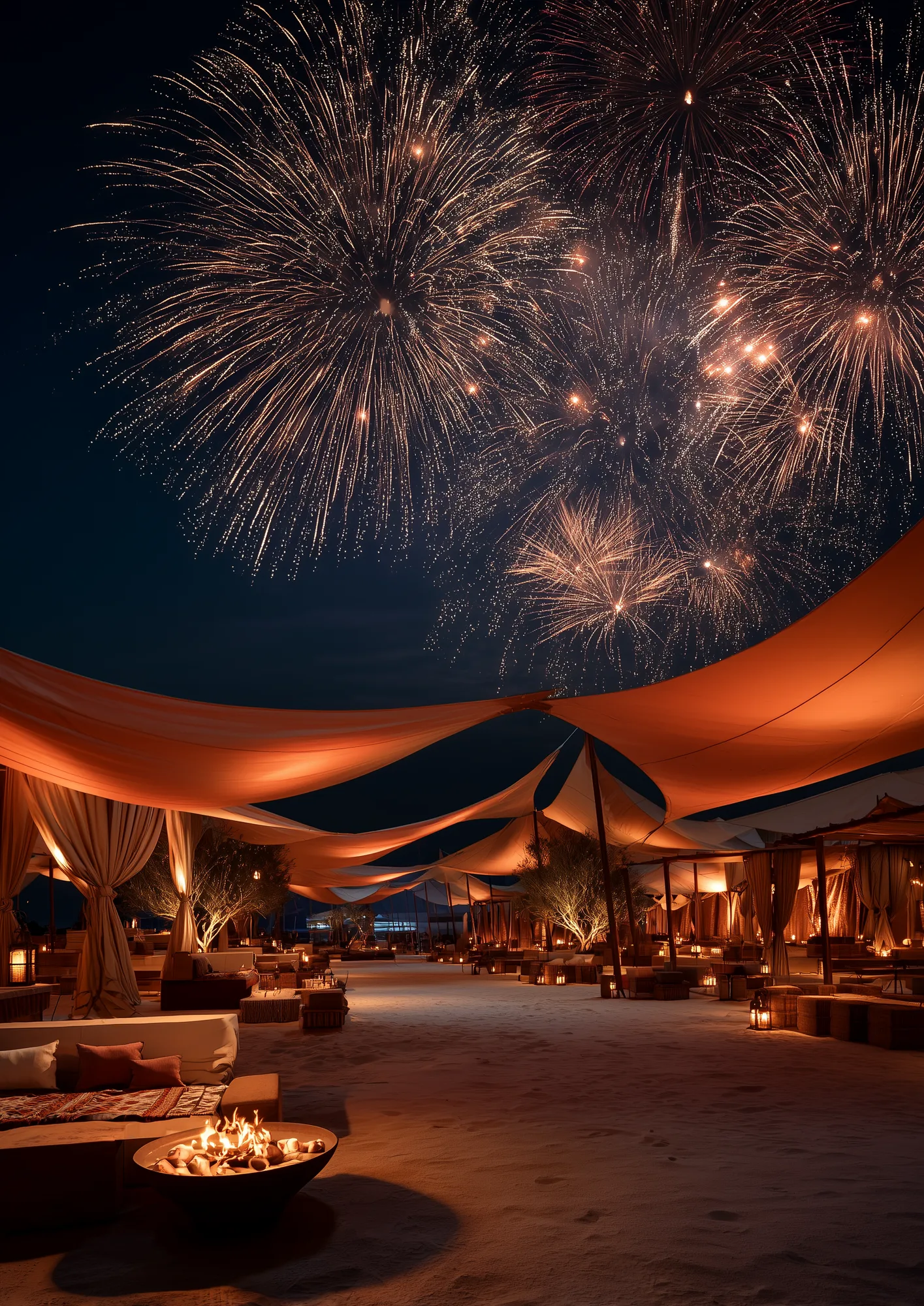 Nighttime open-air festival in Al Kharj: fireworks burst above Bedouin-style tent pavilions lit by a fire bowl