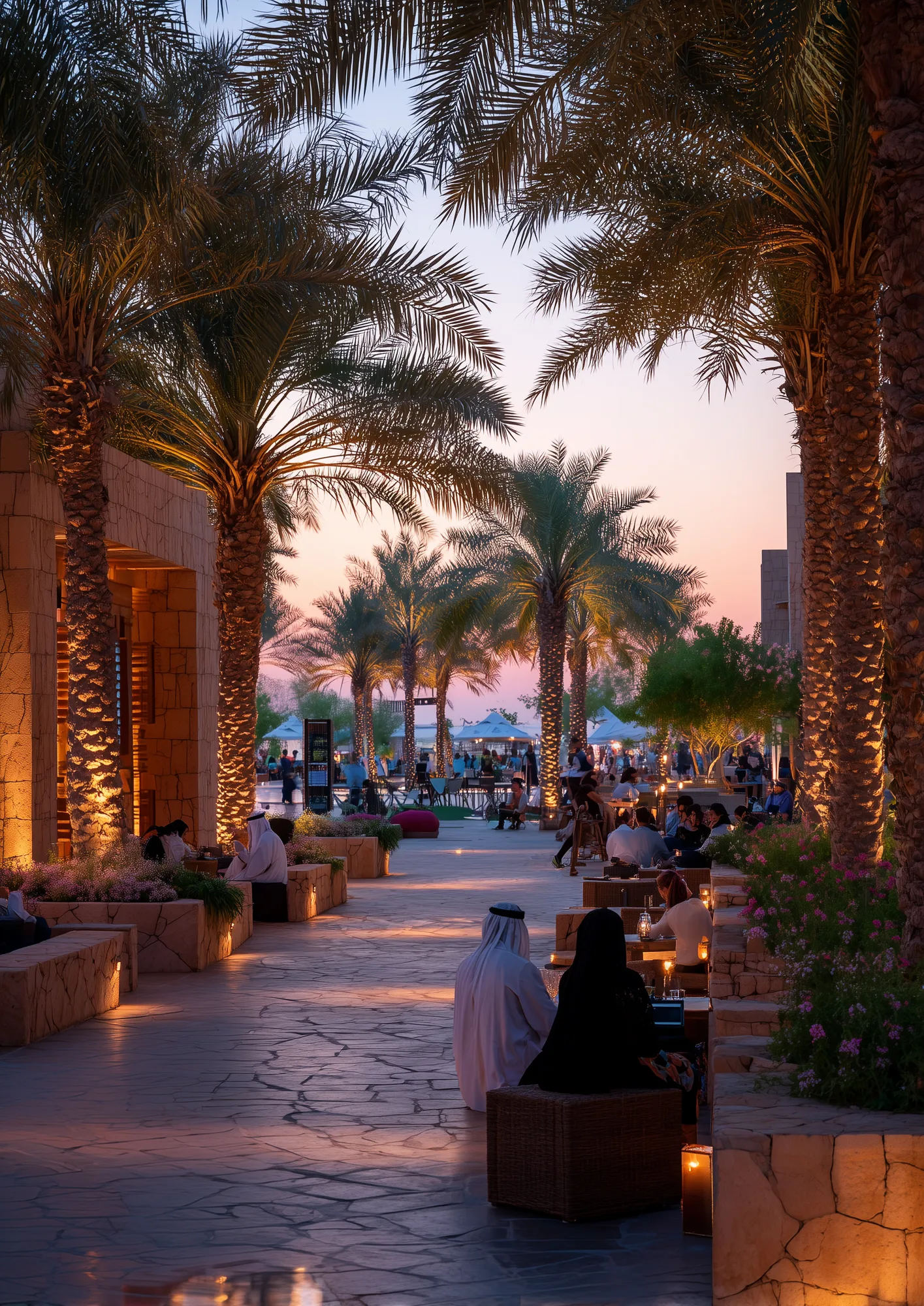 Warm evening cultural gathering — couples seated under palm trees at dusk with festival tents glowing in the background