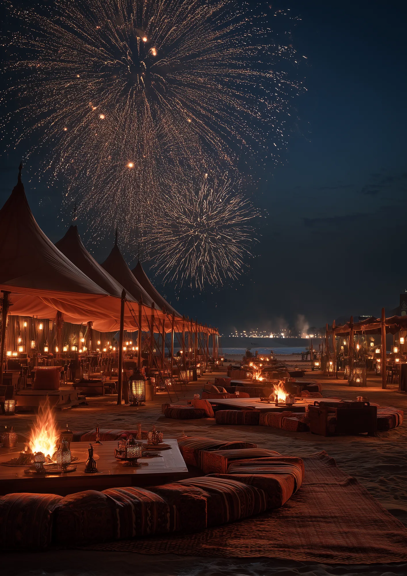 Second angle of the Al Kharj night festival: fireworks over a row of tent pavilions with floor cushions and lanterns