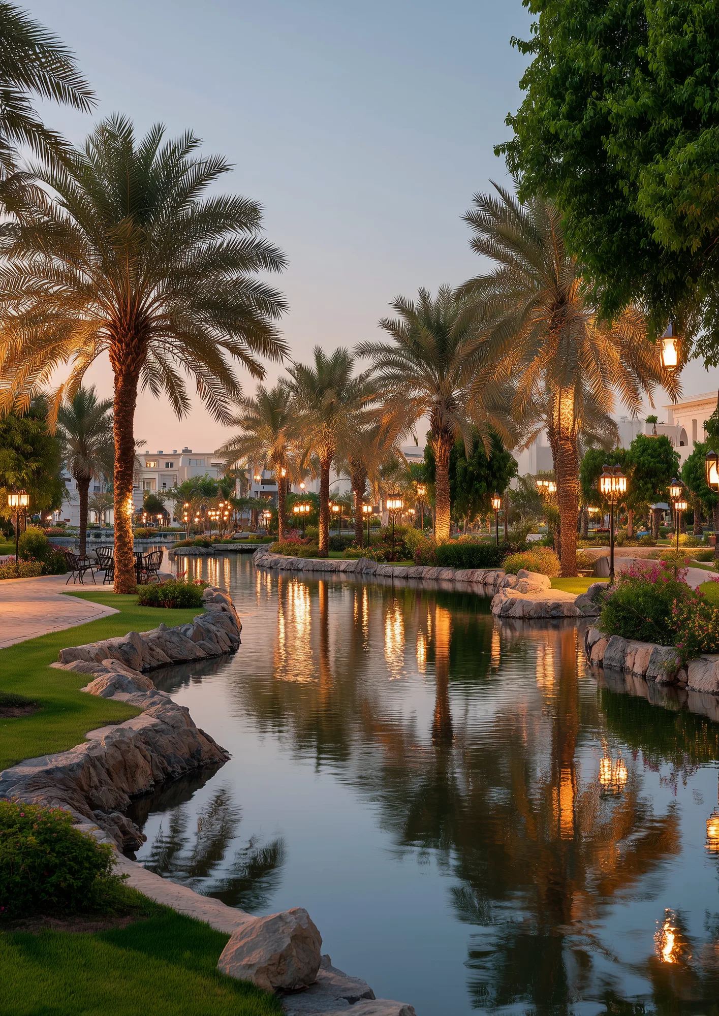 Al Kharj urban park at dusk — artificial lake reflects palm trees and ornamental lanterns