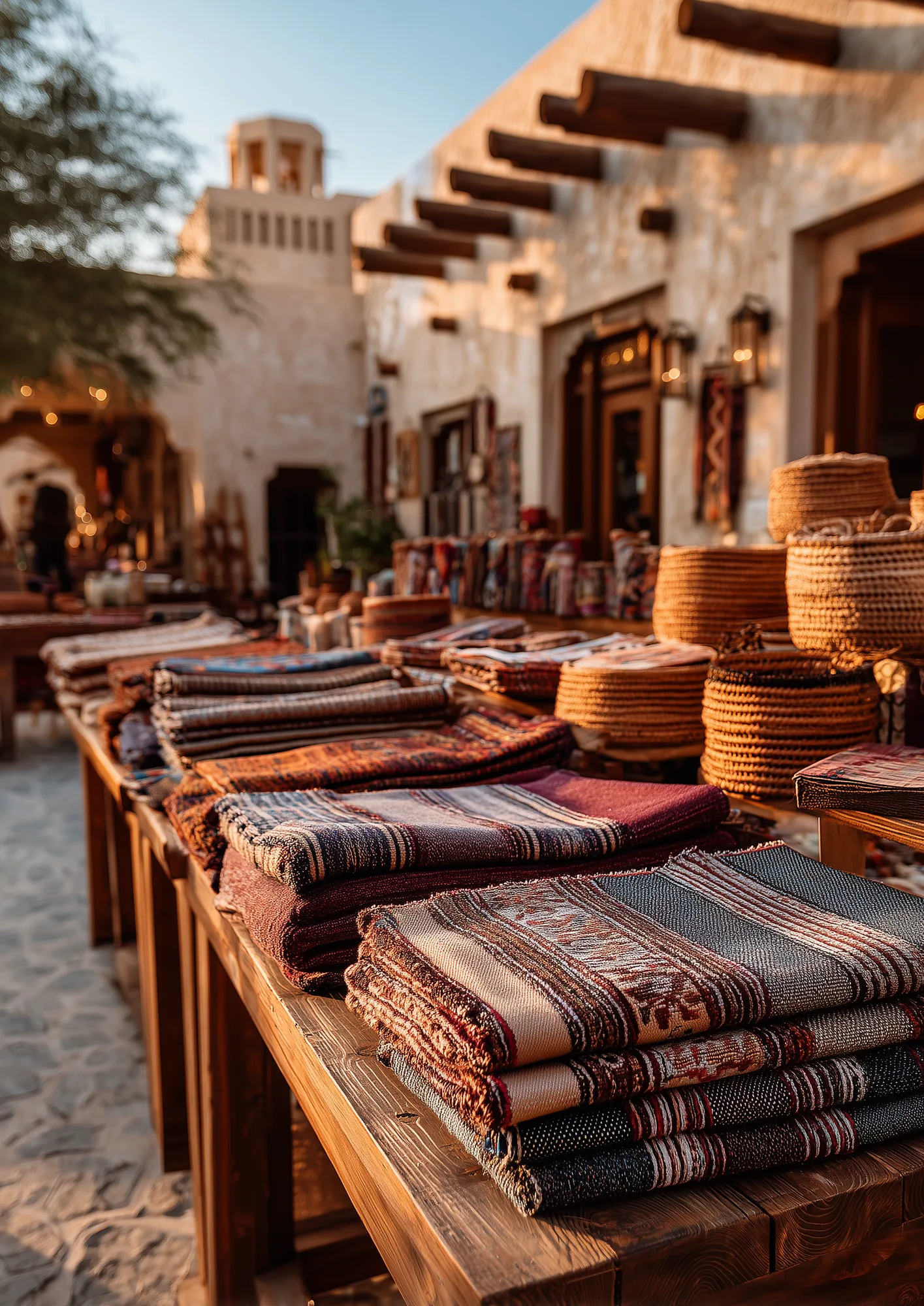 Najdi Sadu handicrafts market: folded handwoven textiles and wicker baskets displayed on wooden tables outside a mud-brick heritage building