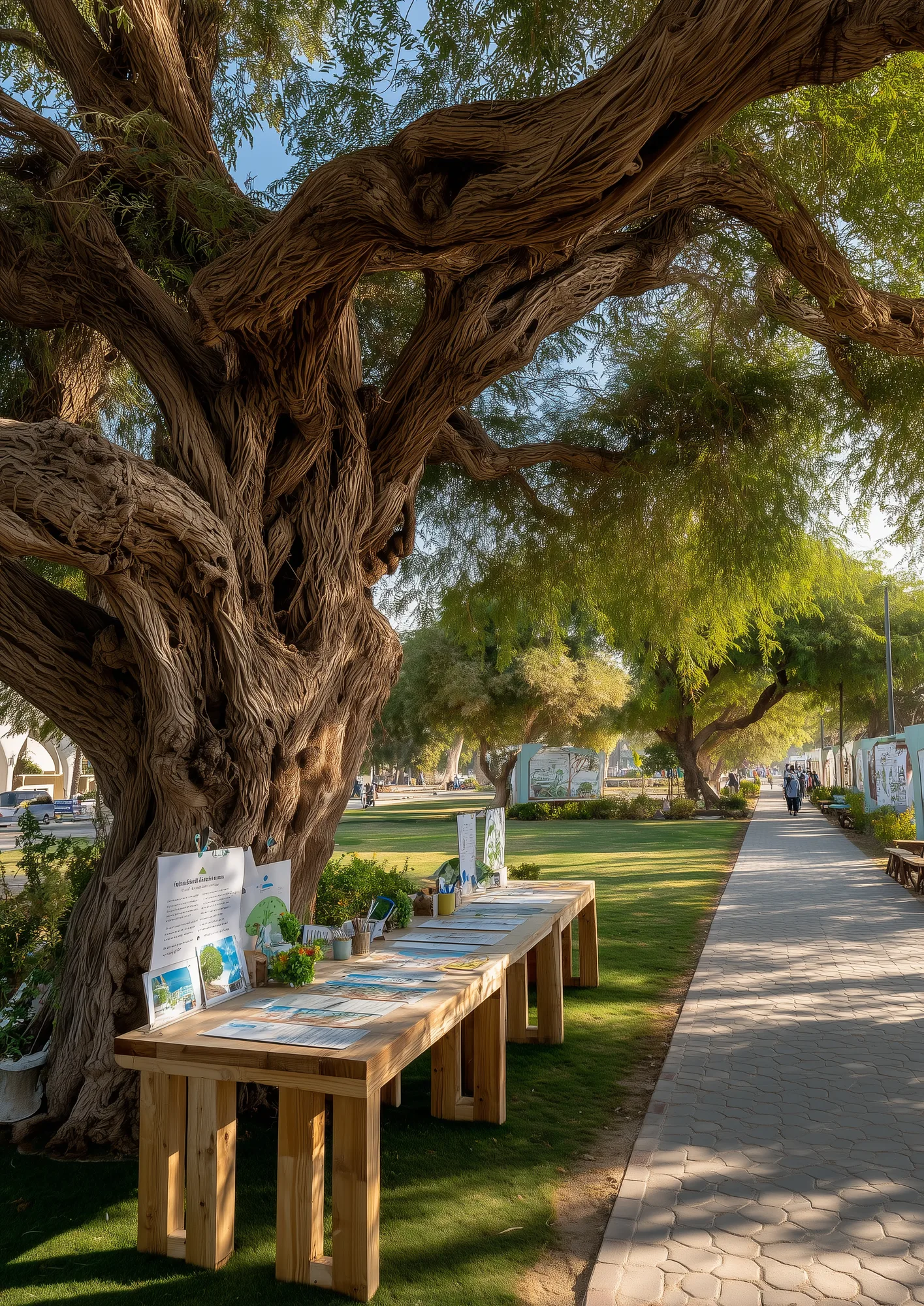 Outdoor cultural exhibition tables lined along a path beside a centuries-old tree in an Al Kharj public park