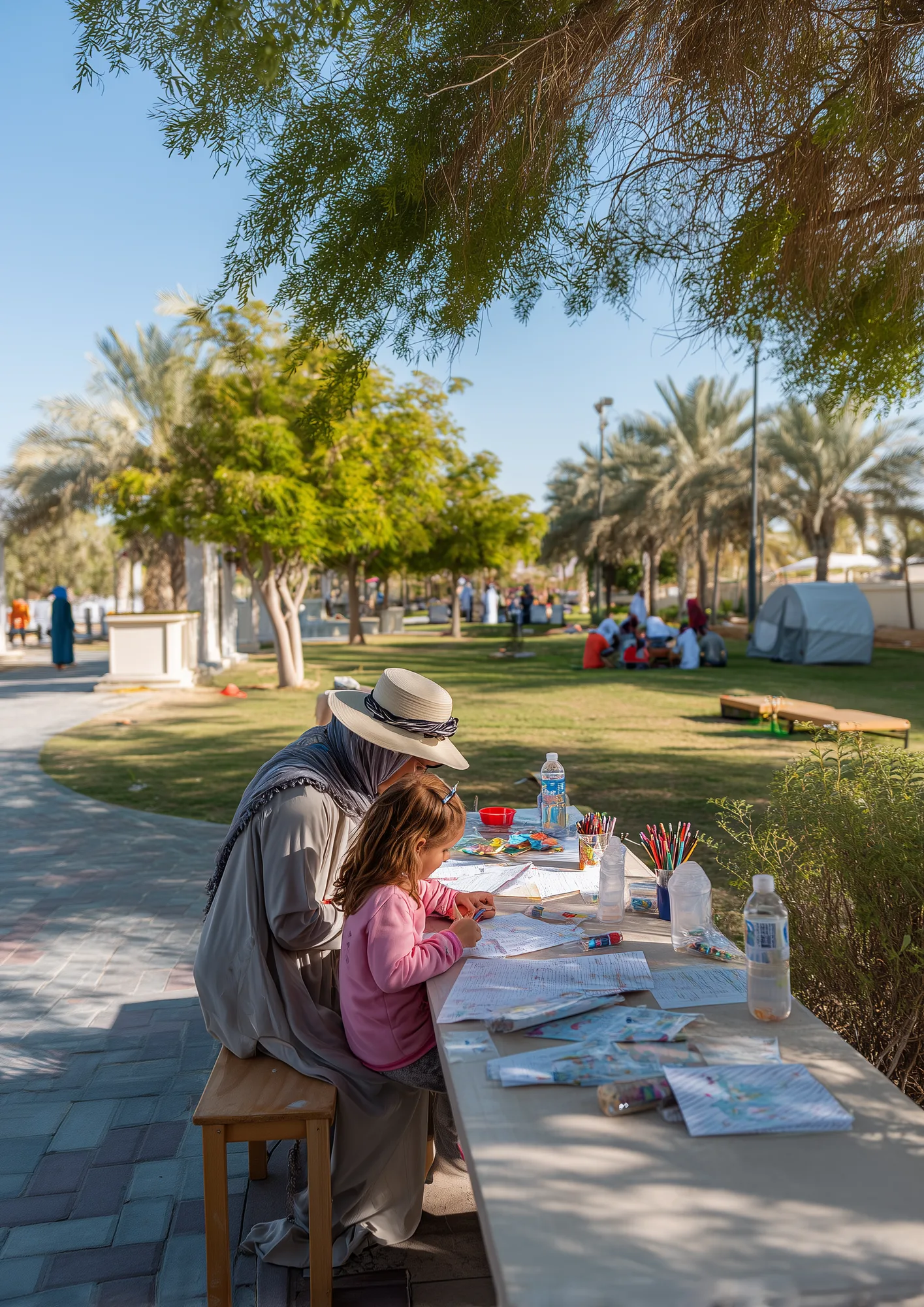 A woman and her young daughter drawing together at a family activity workshop in an Al Kharj park event