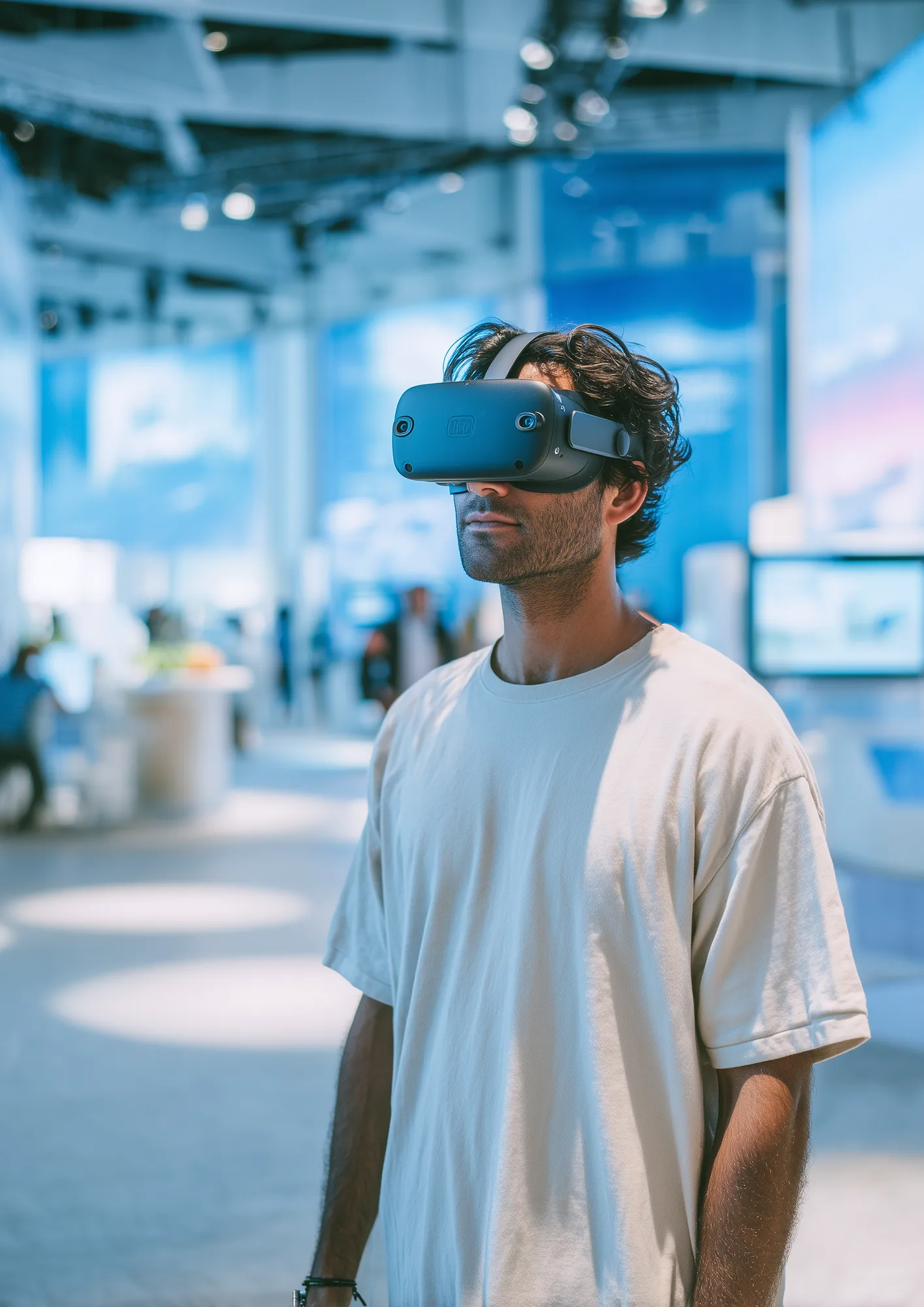 Visitor wearing a VR headset at the economic and technology expo pavilion