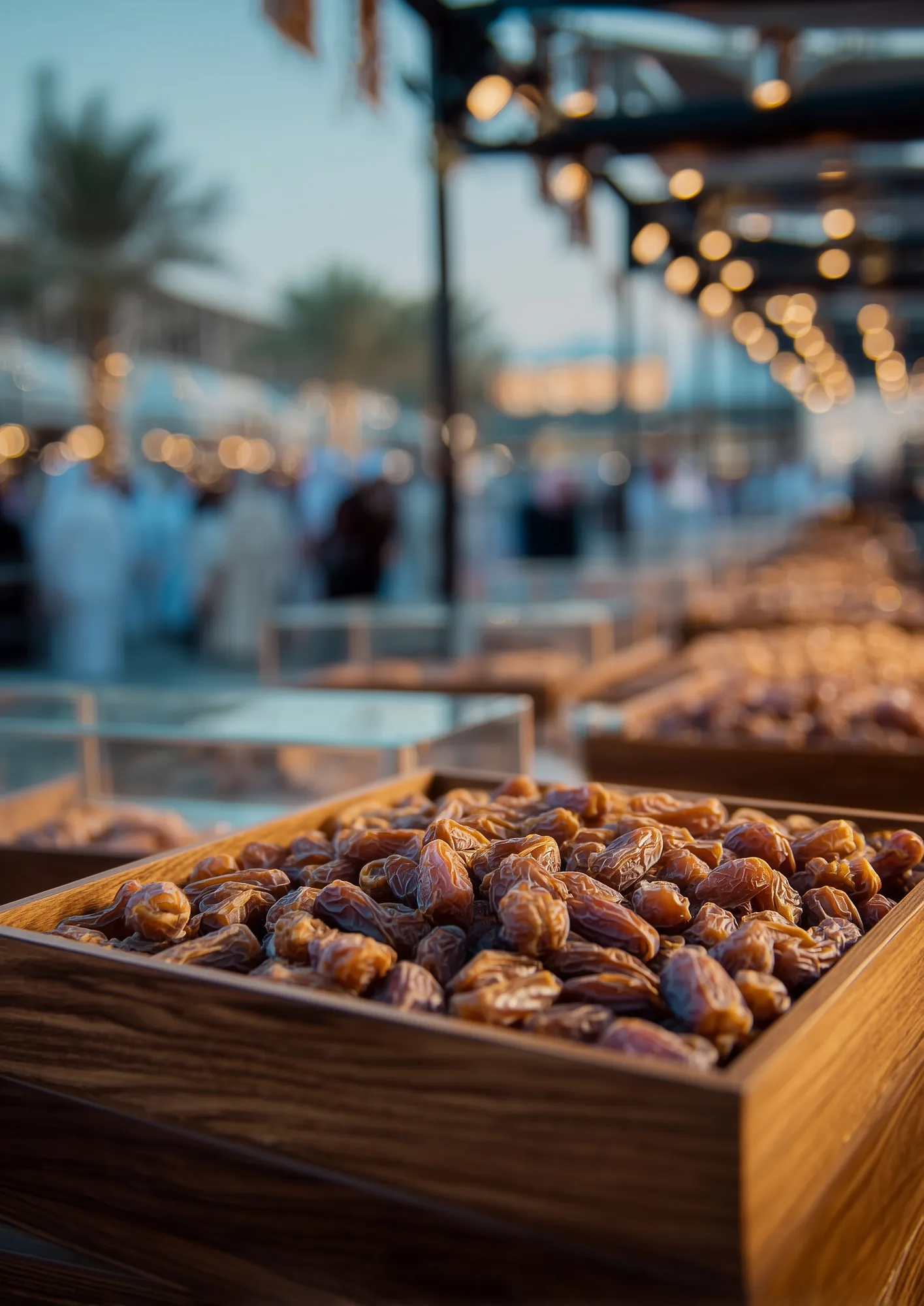 Premium Al Kharj Medjool dates displayed in a wooden crate at a festival market, with a crowd of visitors in the background