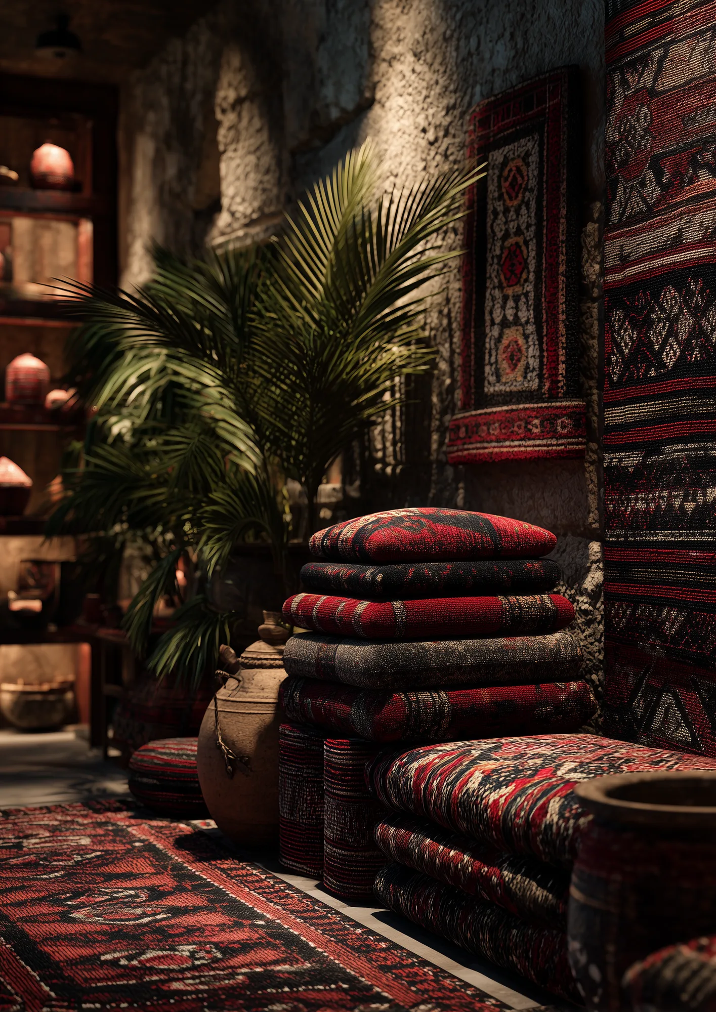 Dramatic interior display of stacked Najdi Sadu rugs and carpets beneath a palm frond in a moody heritage setting