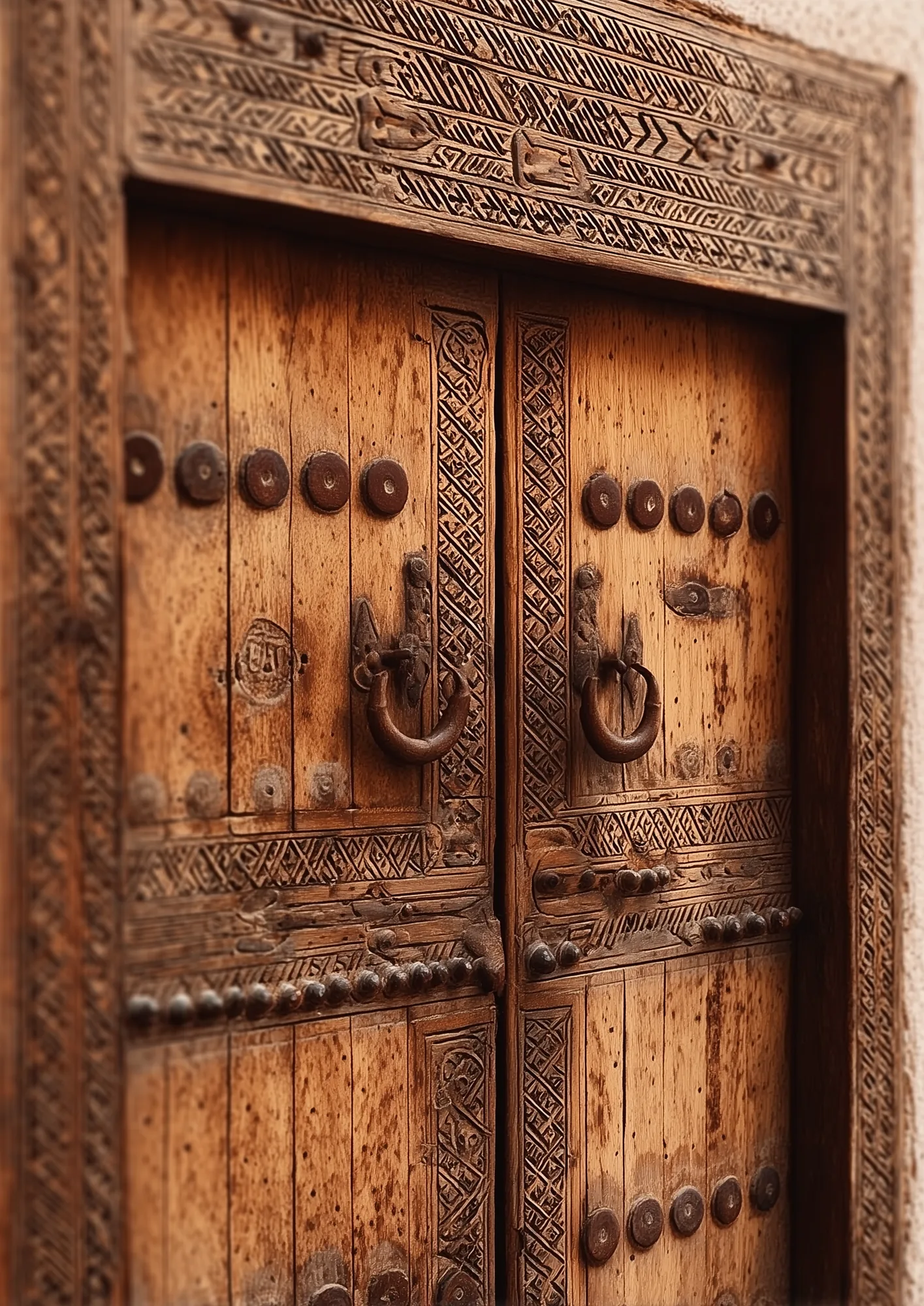 Close-up of an ornate carved Najdi wooden door with wrought-iron ring handles — a signature heritage motif