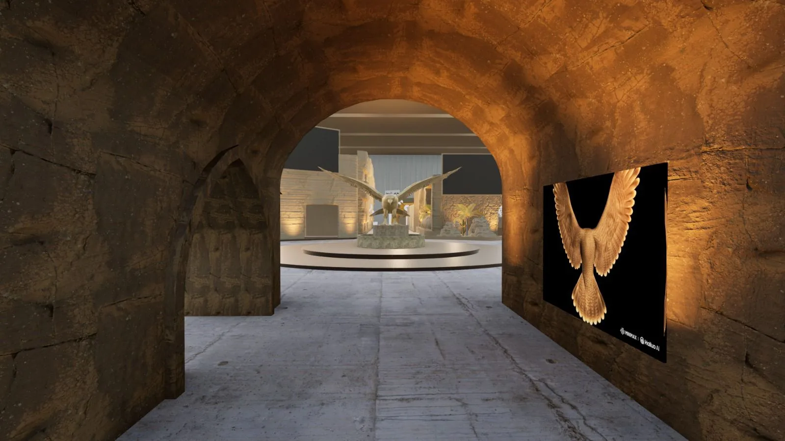 Stone arch entrance tunnel framing a golden falcon sculpture on a circular plinth, with a mounted falcon display screen on the wall — the dramatic threshold of the Eastern Region Falcon Cup exhibition