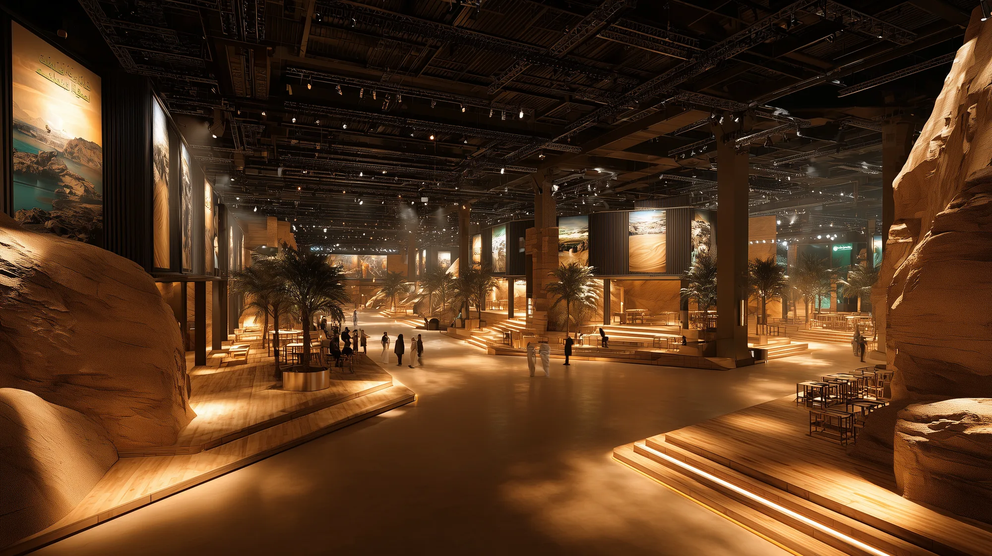 Panoramic concept render of the immersive exhibition interior: layered rock formations, palm trees, elevated platforms and hundreds of visitors filling the grand hall
