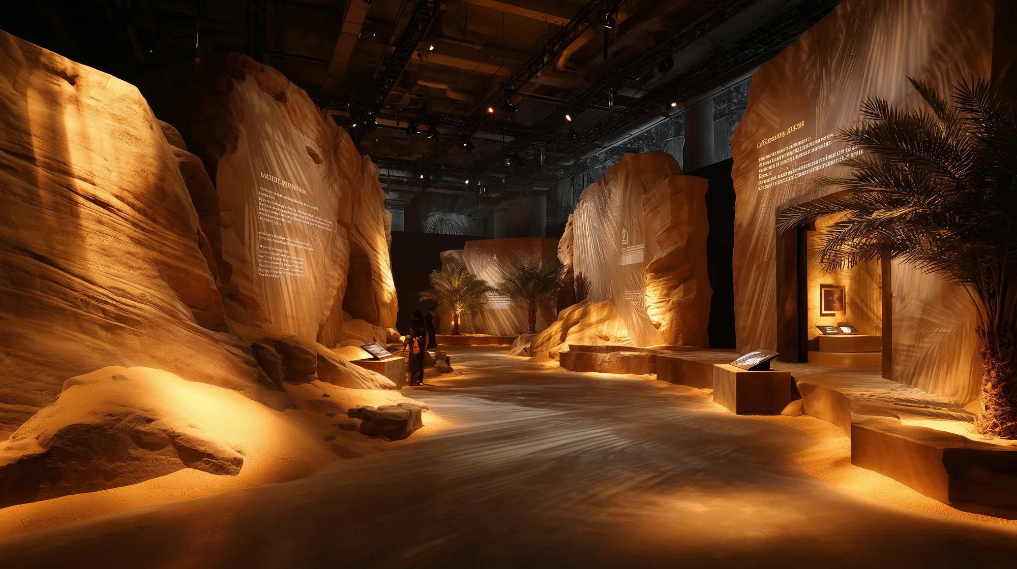 Concept render of a sand-floor desert immersion zone with towering rock walls, projected text panels and dramatic shafts of light — the Journey of the Falcon narrative gallery