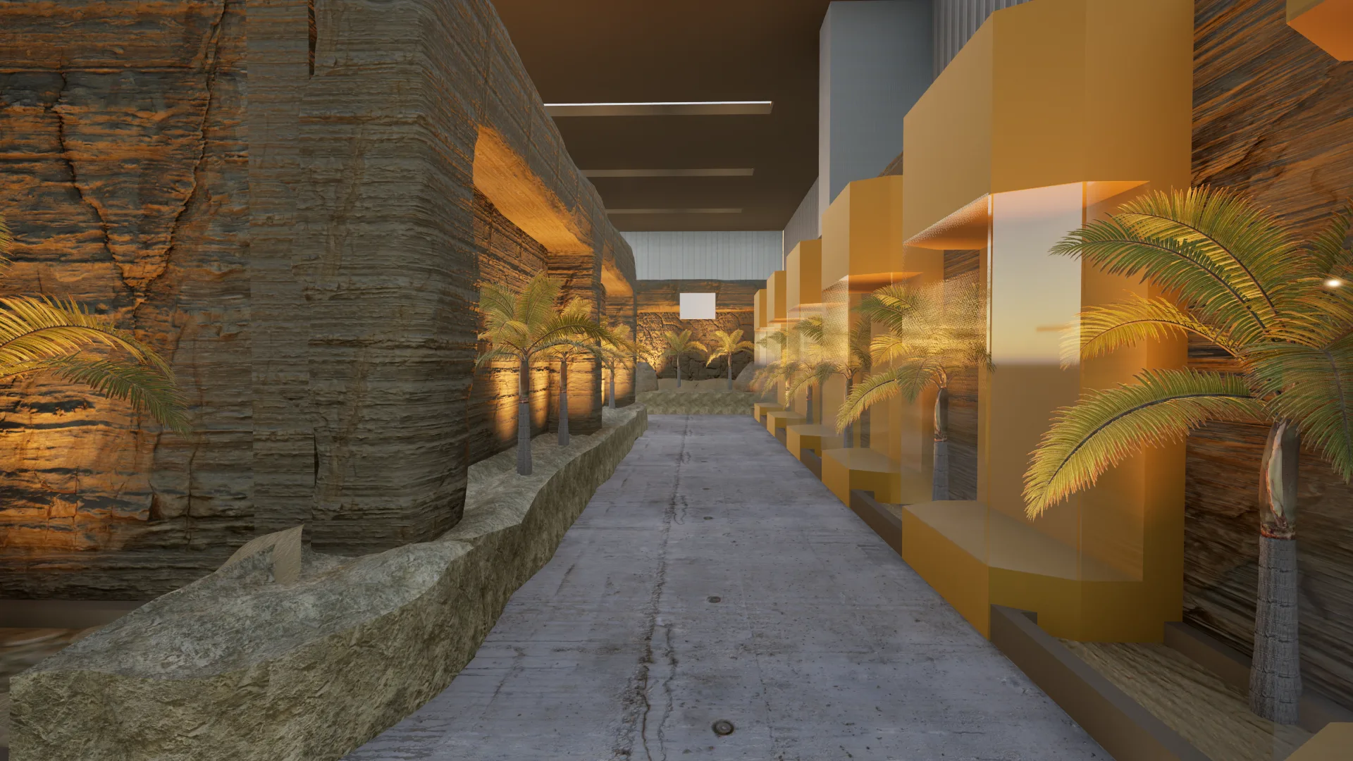 Deep perspective view down a corridor between layered sandstone walls and polished golden panels, converging toward a bright vanishing point