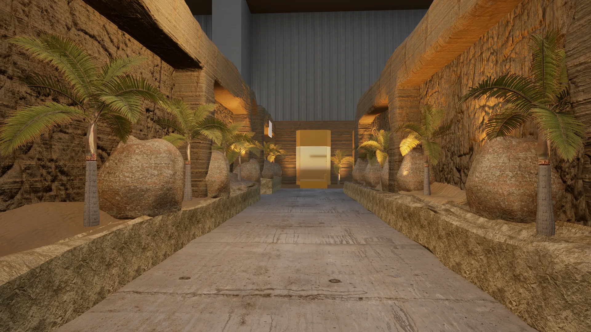 Symmetric processional corridor flanked by large boulders and palm trees on raised stone plinths, leading to a glowing golden gate