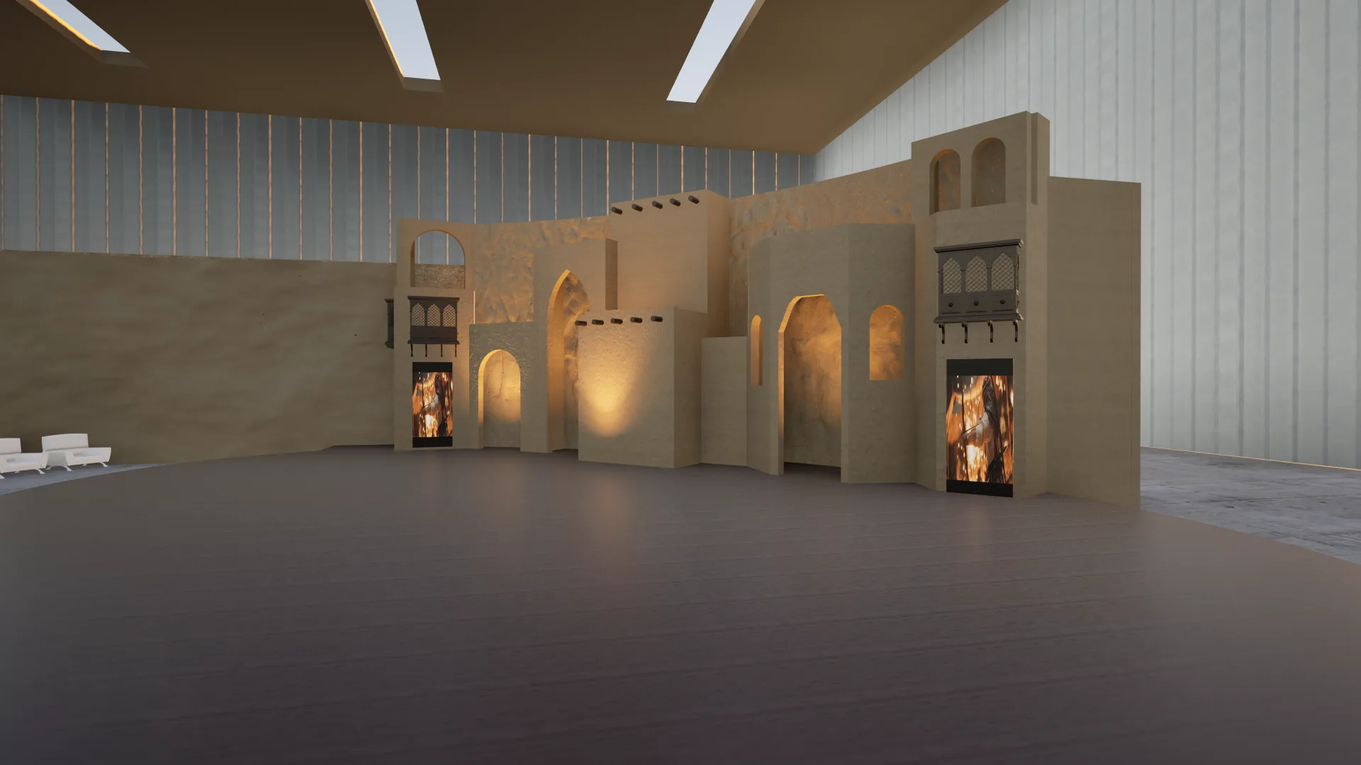 Mud-brick traditional Saudi facade with arched alcoves, carved mashrabiya details and backlit falcon video displays in the archways