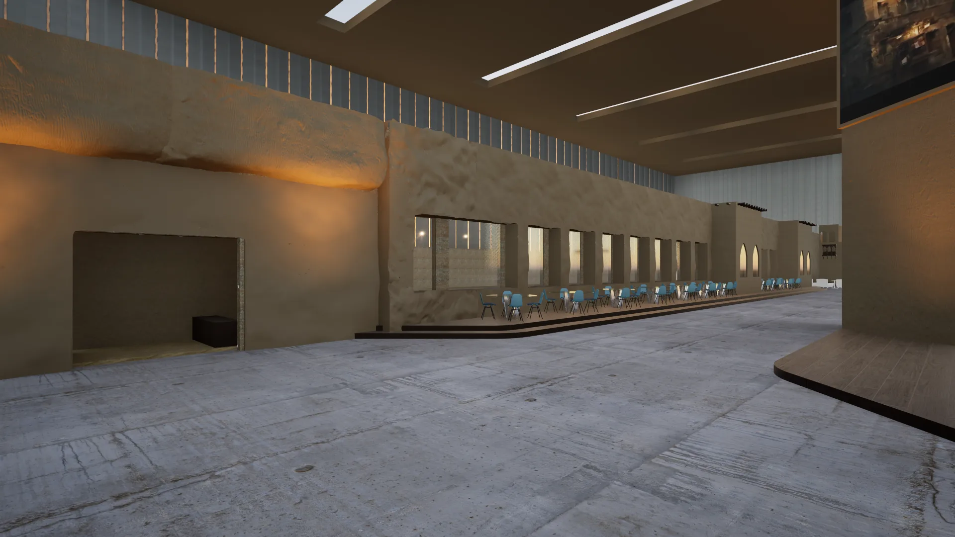 Banquet and hospitality hall with a long row of window booths bathed in warm ambient light, accommodating guests alongside the exhibition