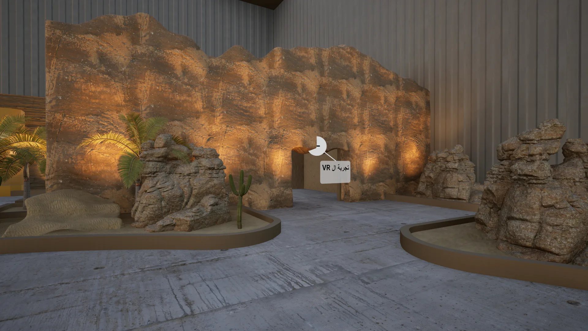 VR experience zone set within a desert rocky landscape, marked with an Arabic sign inviting visitors to try the VR falcon flight experience