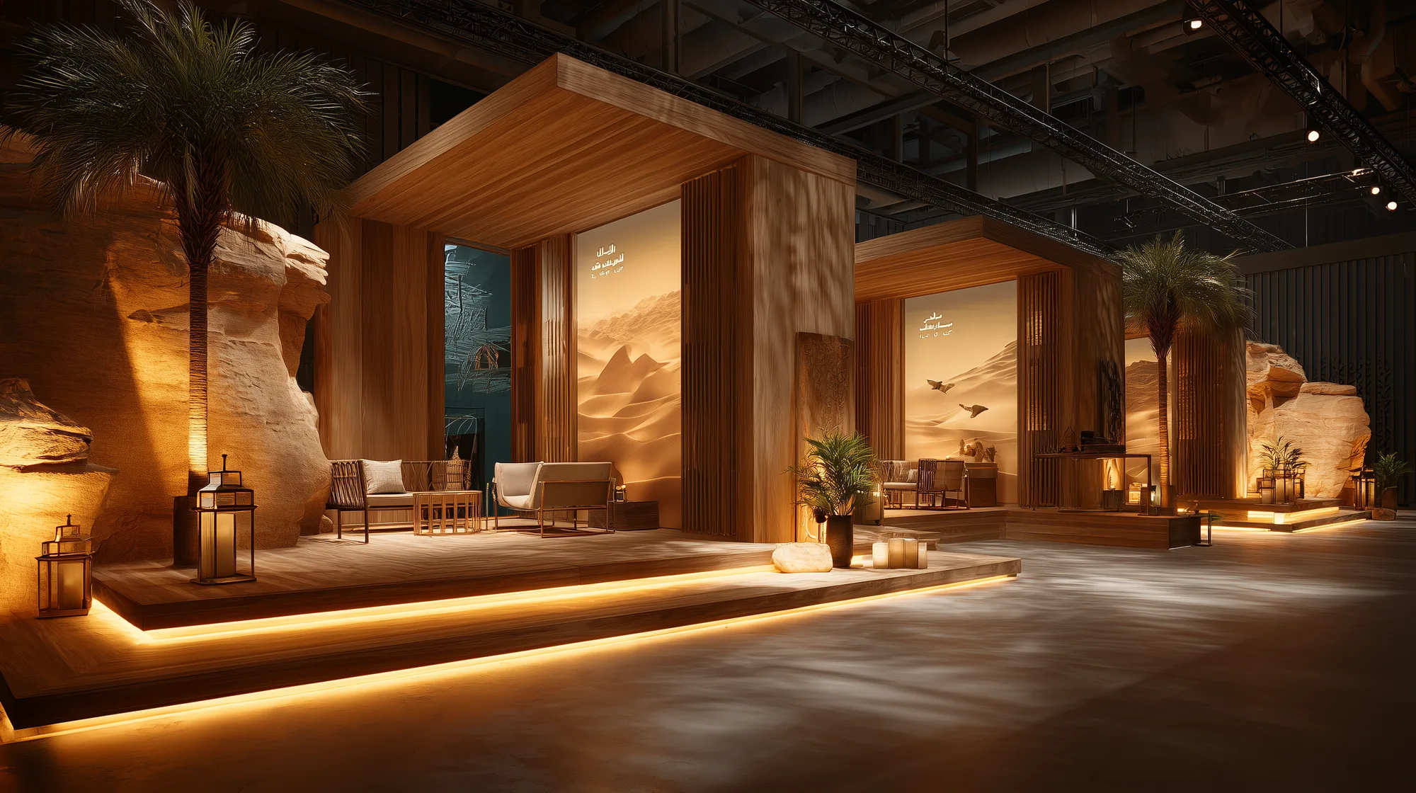 Concept render of a single exhibition booth: warm timber pavilion with a desert mural, lanterns and seating — a sponsor or heritage-brand presentation space