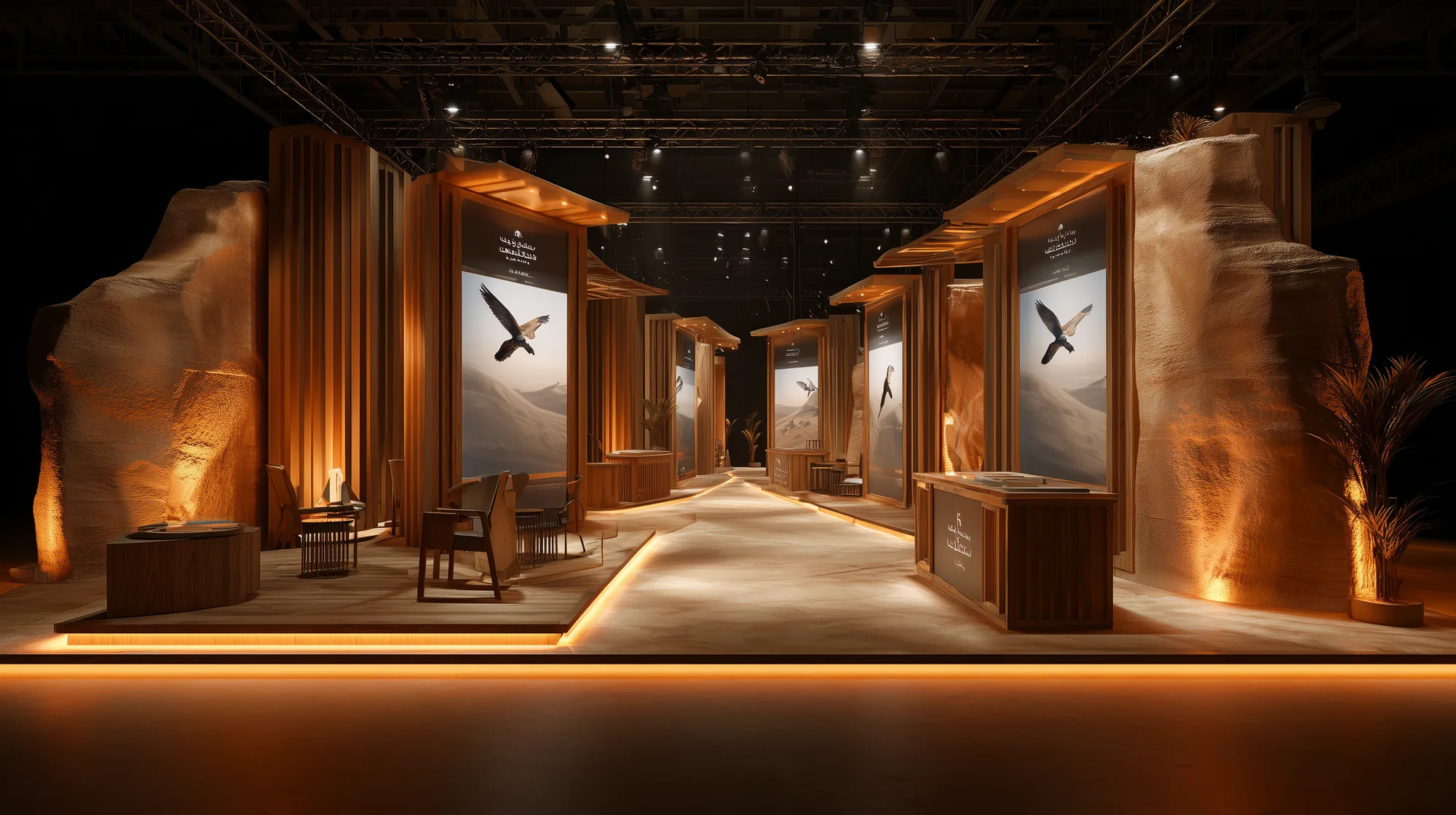 Concept render of the Falcon heritage corridor: multiple illuminated falcon panels on warm timber columns, visitors browsing in a dramatically lit exhibition hall