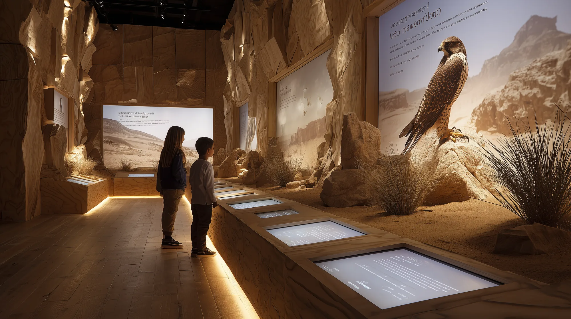 Concept render of visitors — a woman and child — interacting with illuminated tablet displays alongside a large backlit falcon photograph and rock-face signage panels