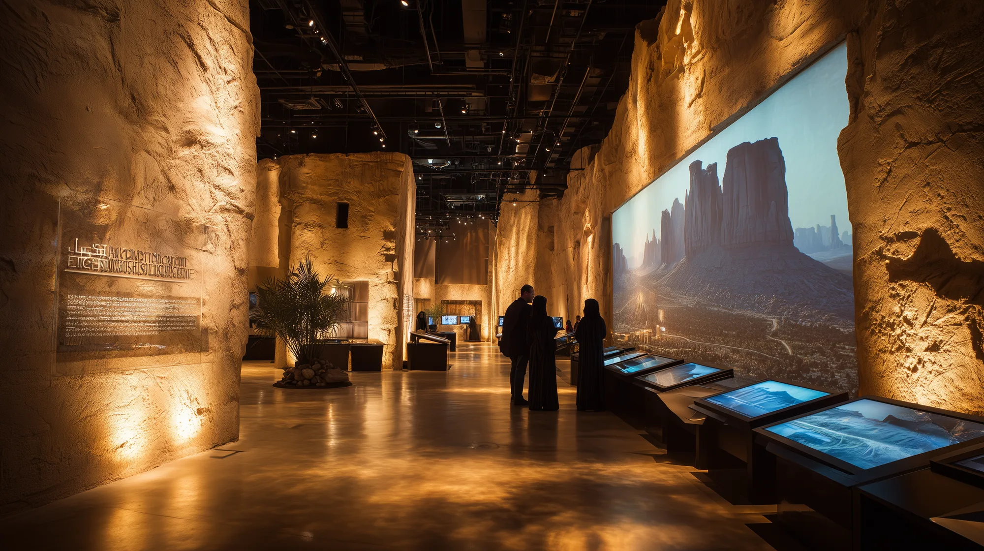 Concept render of two visitors standing at interactive kiosks facing a vast desert canyon projection wall within an immersive rock-formation gallery