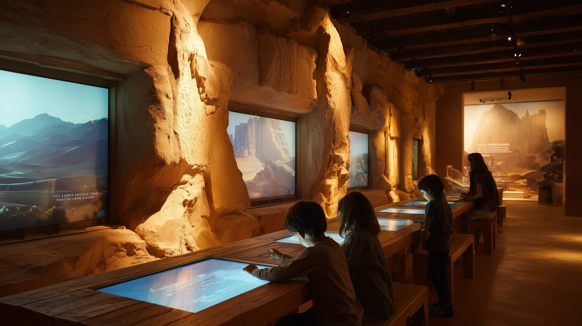 Concept render of children engaging with illuminated interactive tabletop displays set into carved sandstone walls, with desert-scape windows behind them