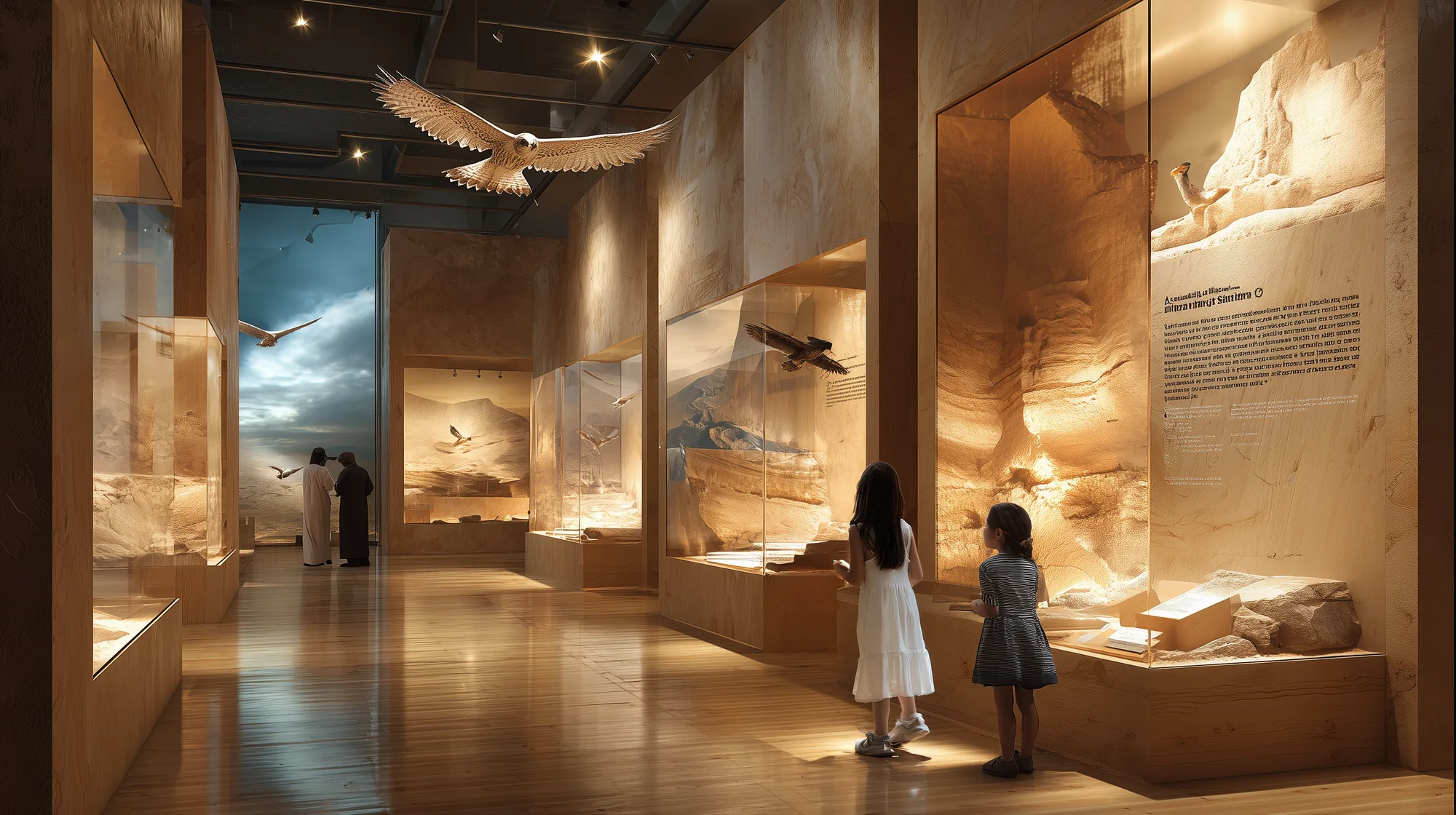 Concept render of two young visitors examining live falcon specimen cases in warm-timber display cabinets, with flying falcon props suspended from the ceiling above