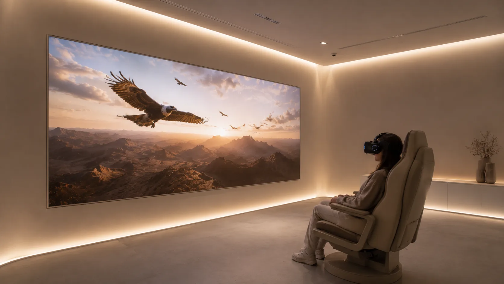 Visitor in VR headset seated before a massive wall-screen showing a falcon in flight — the Falcon's Eye immersive experience room