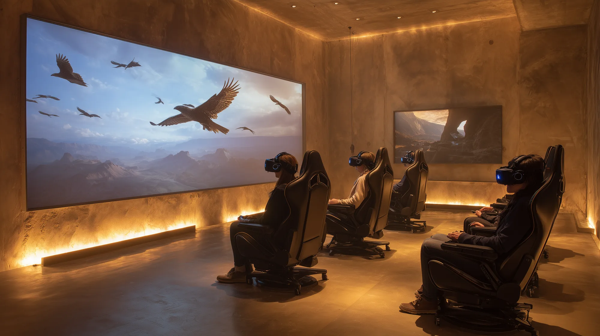 Group of visitors wearing VR headsets in the amber-lit stone-textured experience chamber, falcons soaring across the projection screen