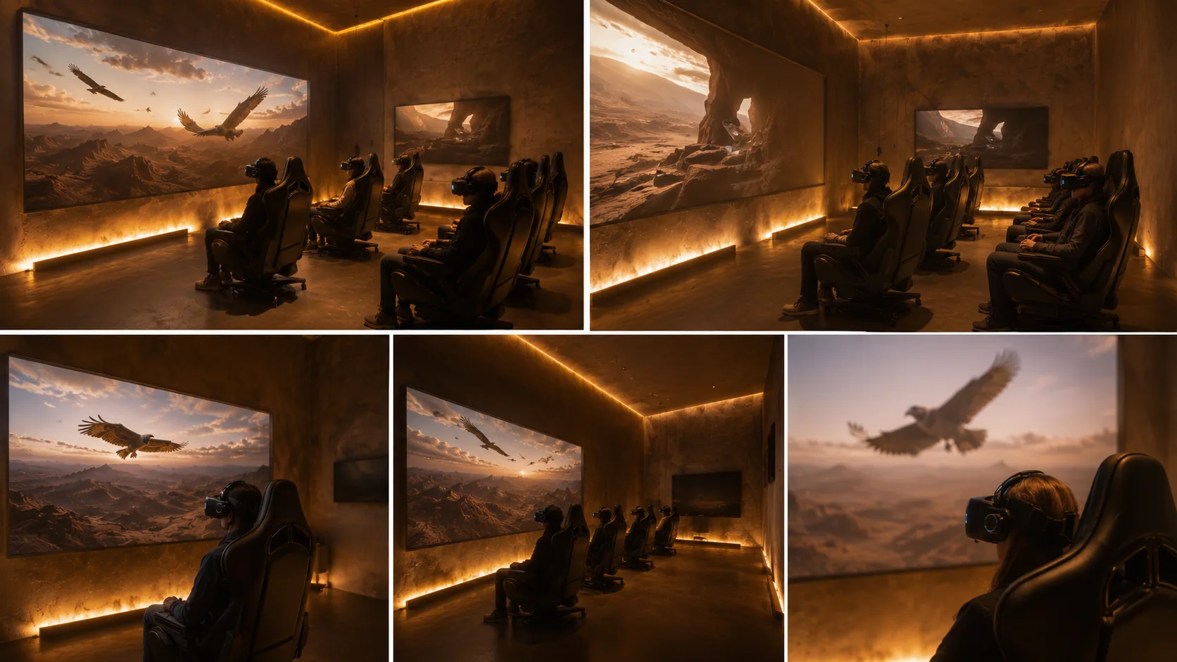Five-panel composite showing the amber VR room from multiple angles: audience views, close-up POV screen, and single-viewer moments