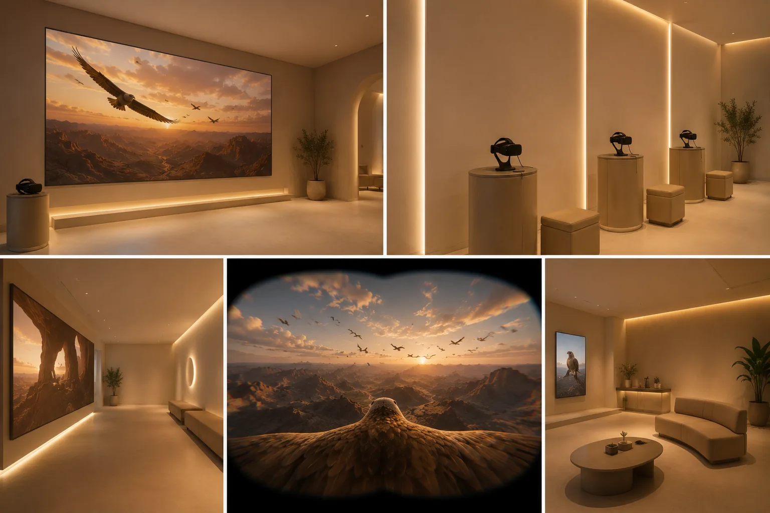 Four-panel composite of the modern minimal-white experience room variant: display wall, VR headset pedestals, gallery corridor, and falcon POV