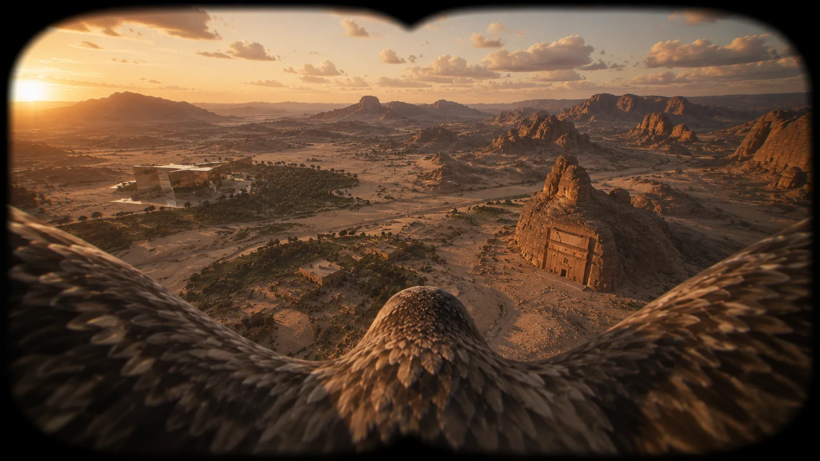 VR headset POV frame: falcon soaring over the ancient Nabataean tombs of Hegra (AlUla) at golden hour, canyon landscape below