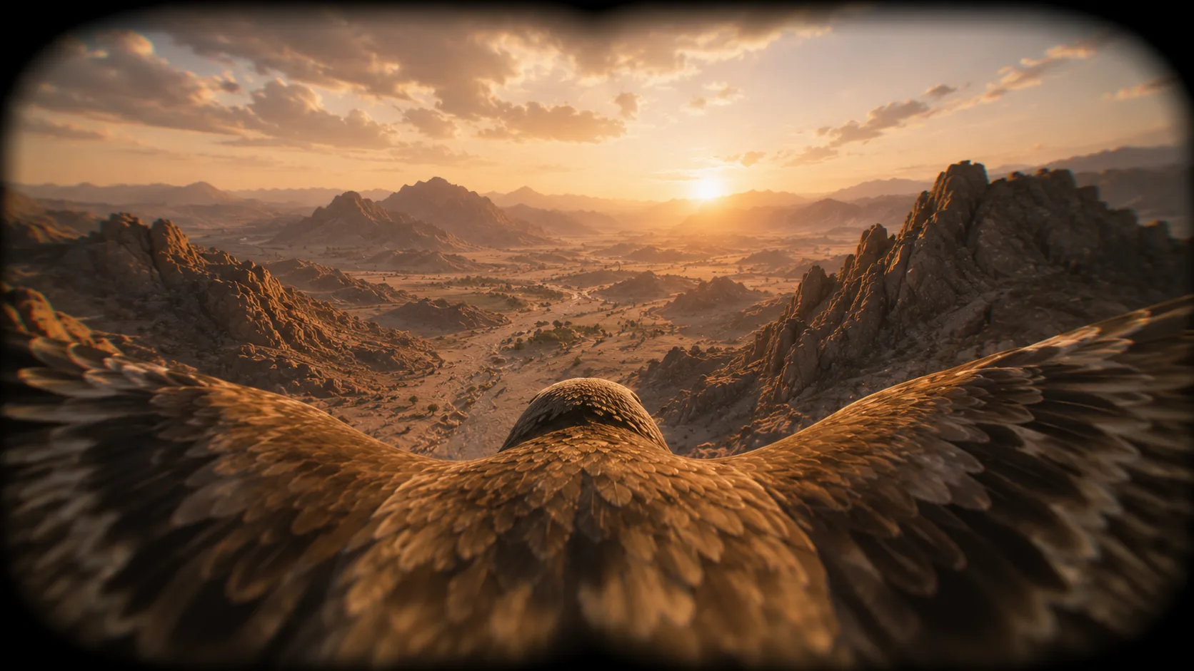 VR headset POV frame: falcon gliding over a rugged desert canyon at sunset, wings spread wide against a warm golden sky