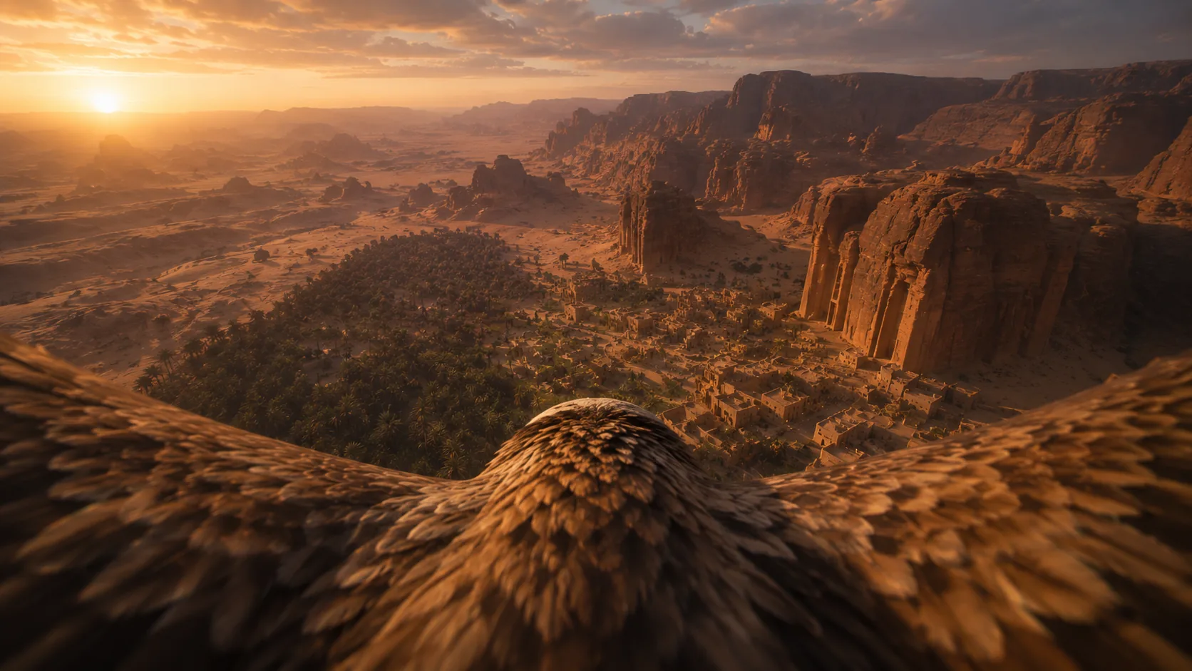 Falcon's-eye view gliding low over dramatic red-rock canyon at golden hour — the immersive flight perspective at the heart of the experience