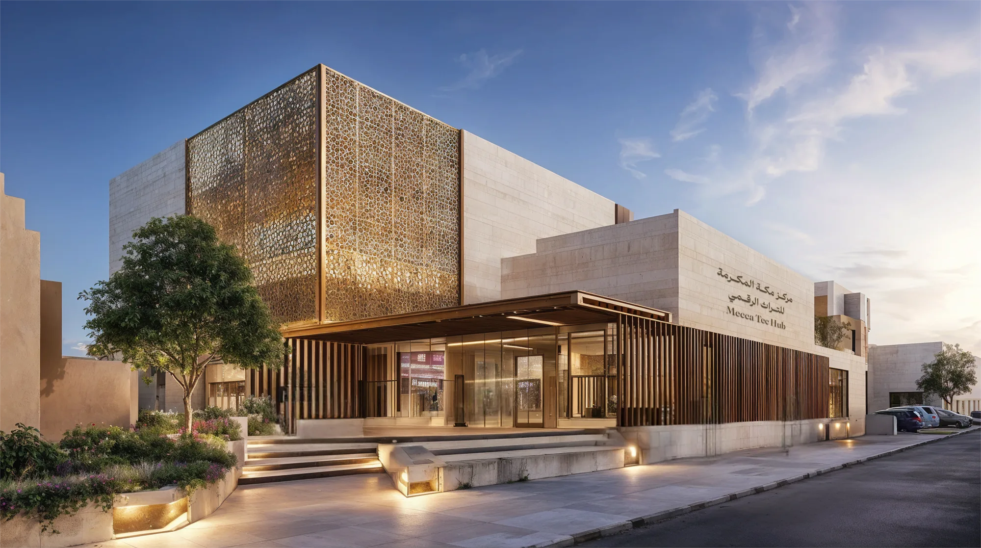 Mecca Tech Hub exterior — sandstone facade with golden arabesque lattice screens at dusk