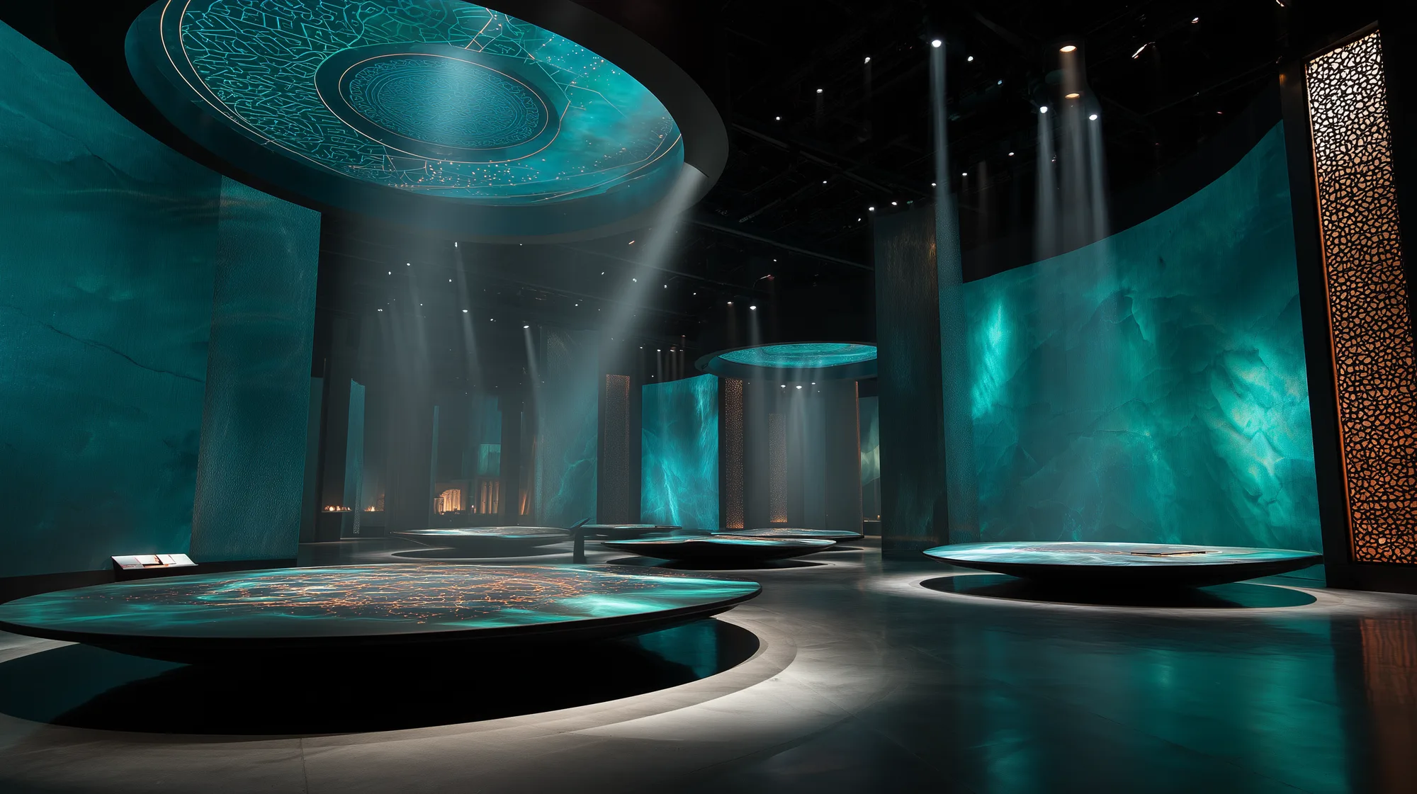 Immersive teal dome hall with circular floating display platforms and arabesque ceiling projections
