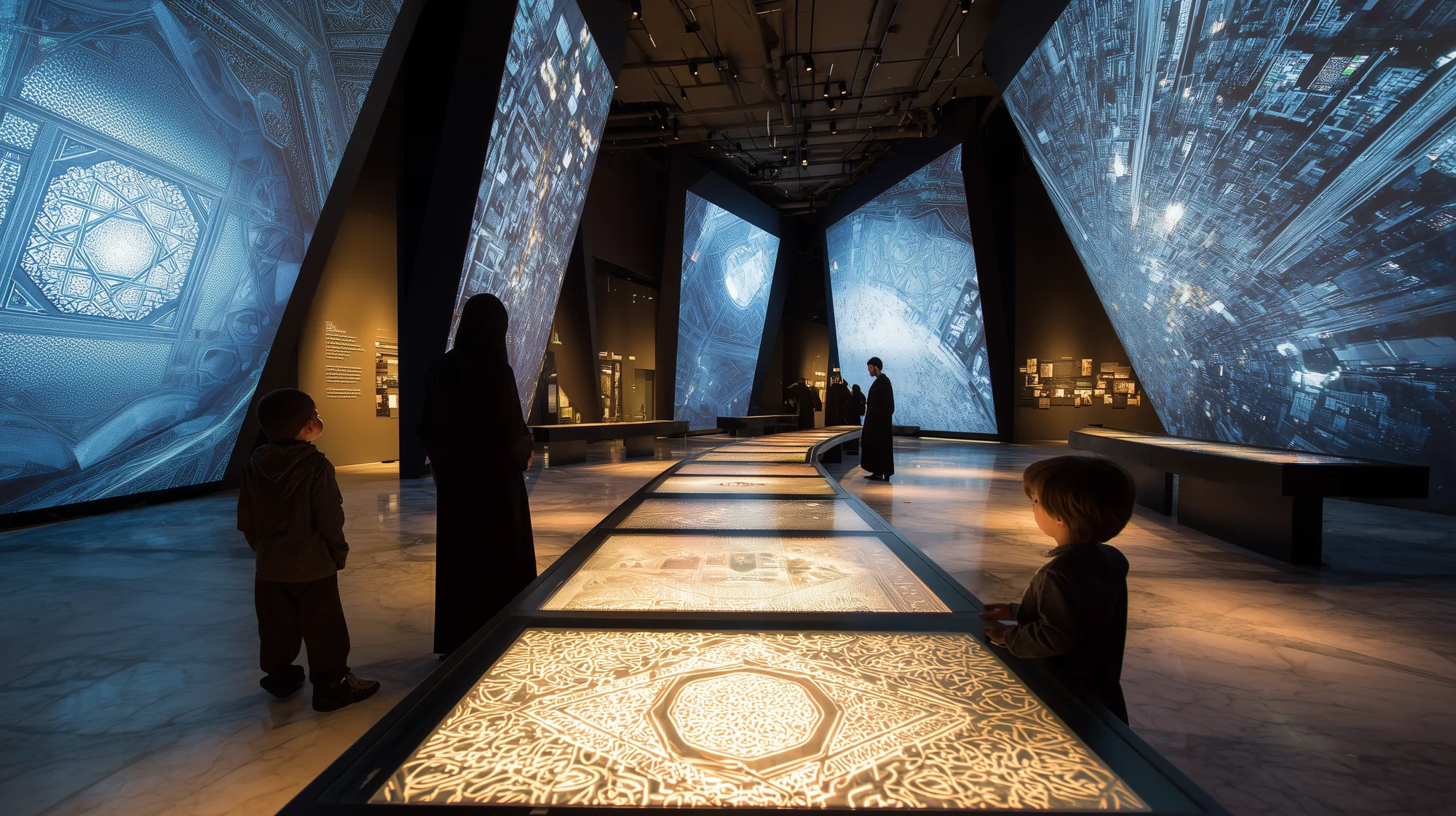 Families and children exploring towering panoramic projection walls inside the heritage exhibition