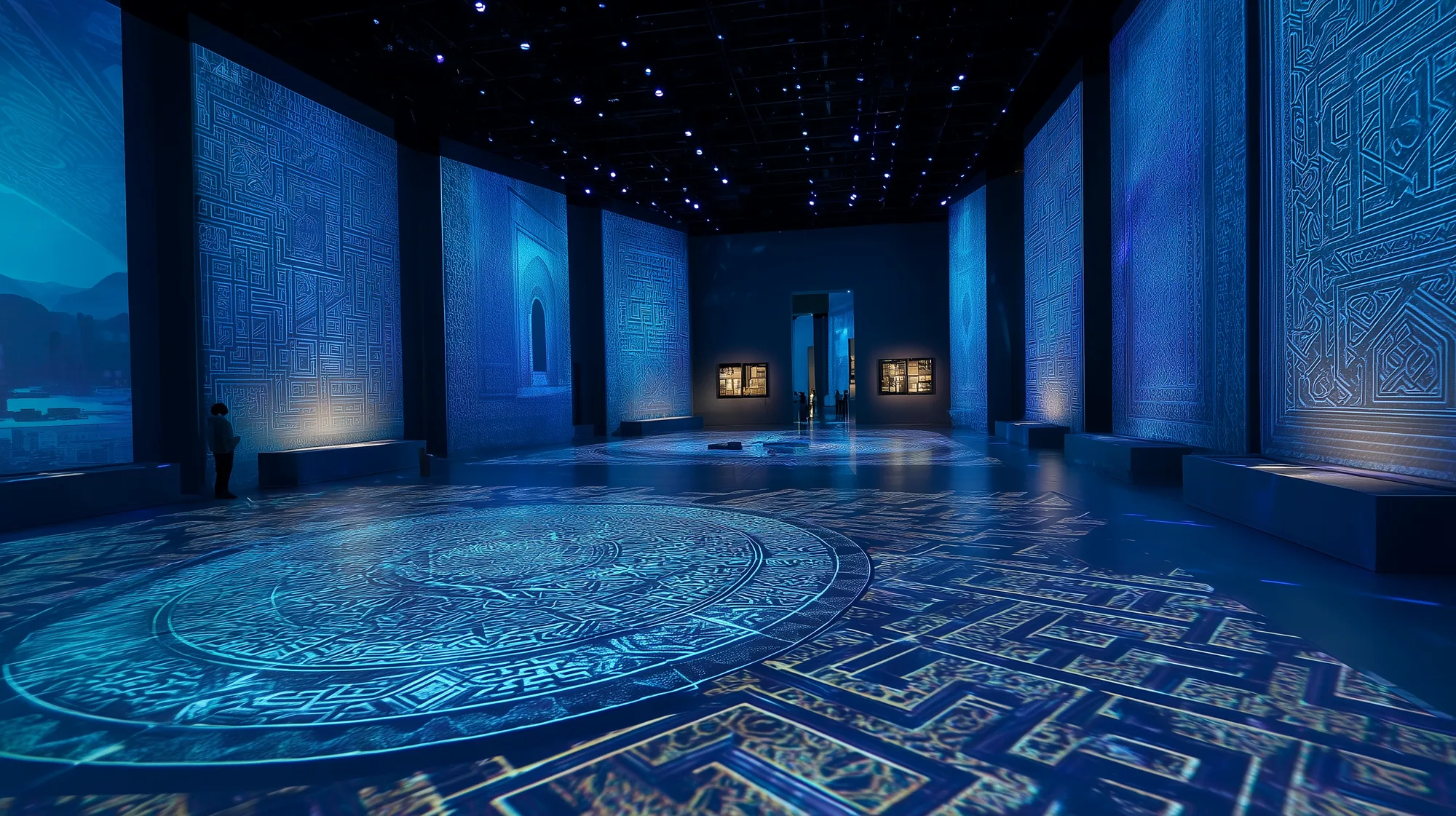 Vast deep-blue hall with arabesque floor mandala and illuminated geometric wall panels