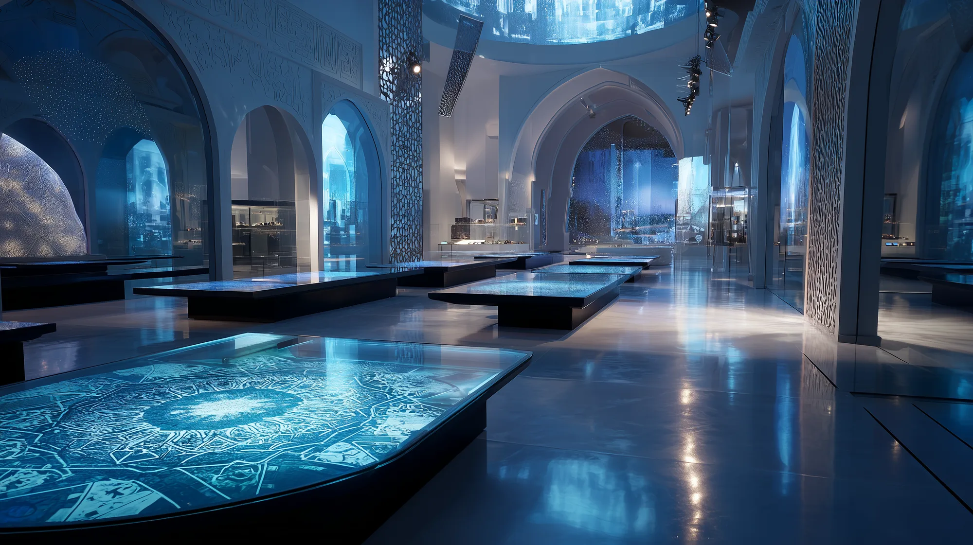 Arched blue exhibition gallery with interactive illuminated display tables and calligraphy wall screens
