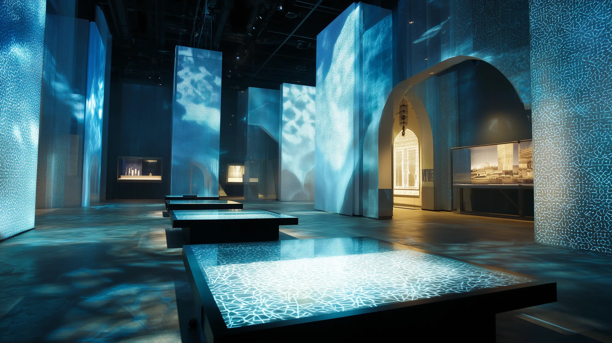 Blue-lit hall with large lattice projection columns and glowing interactive floor tables