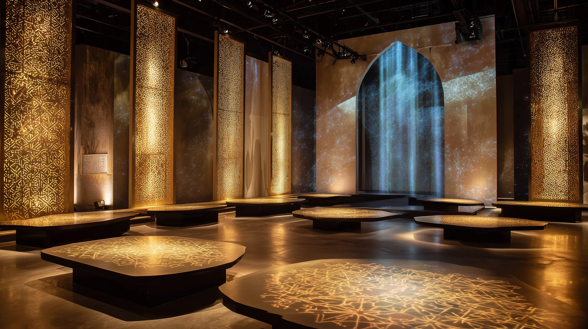 Warm gold arabesque exhibition hall with large arch projection and patterned floor