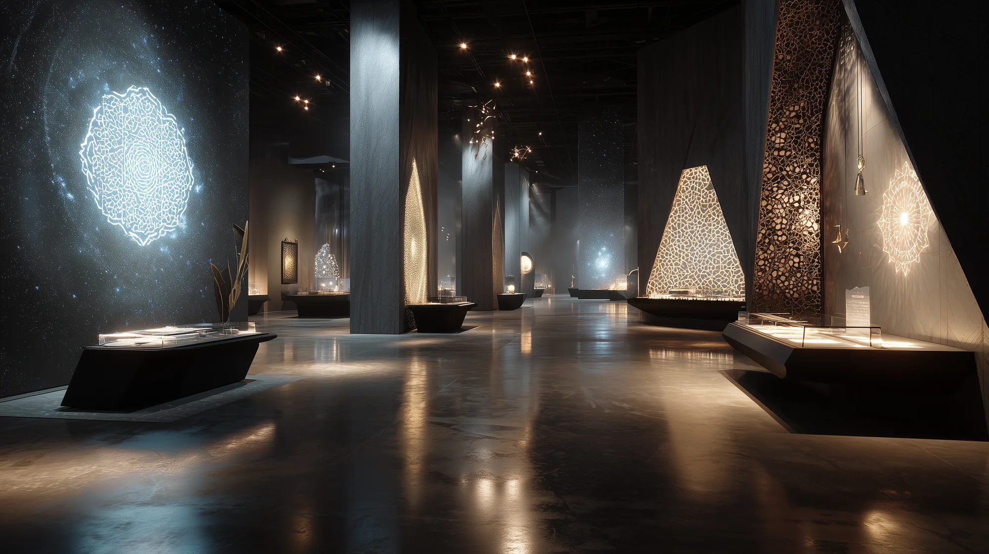 Dark stone exhibition hall with glowing calligraphy wall projection and lattice display plinths