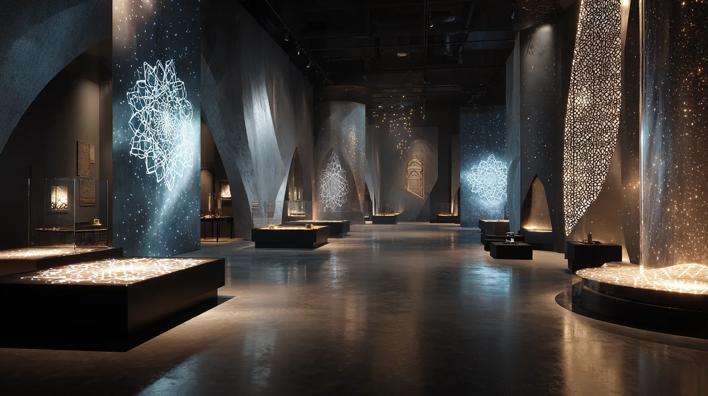 Wide-angle view of lattice-panel exhibition corridor with dark moody lighting