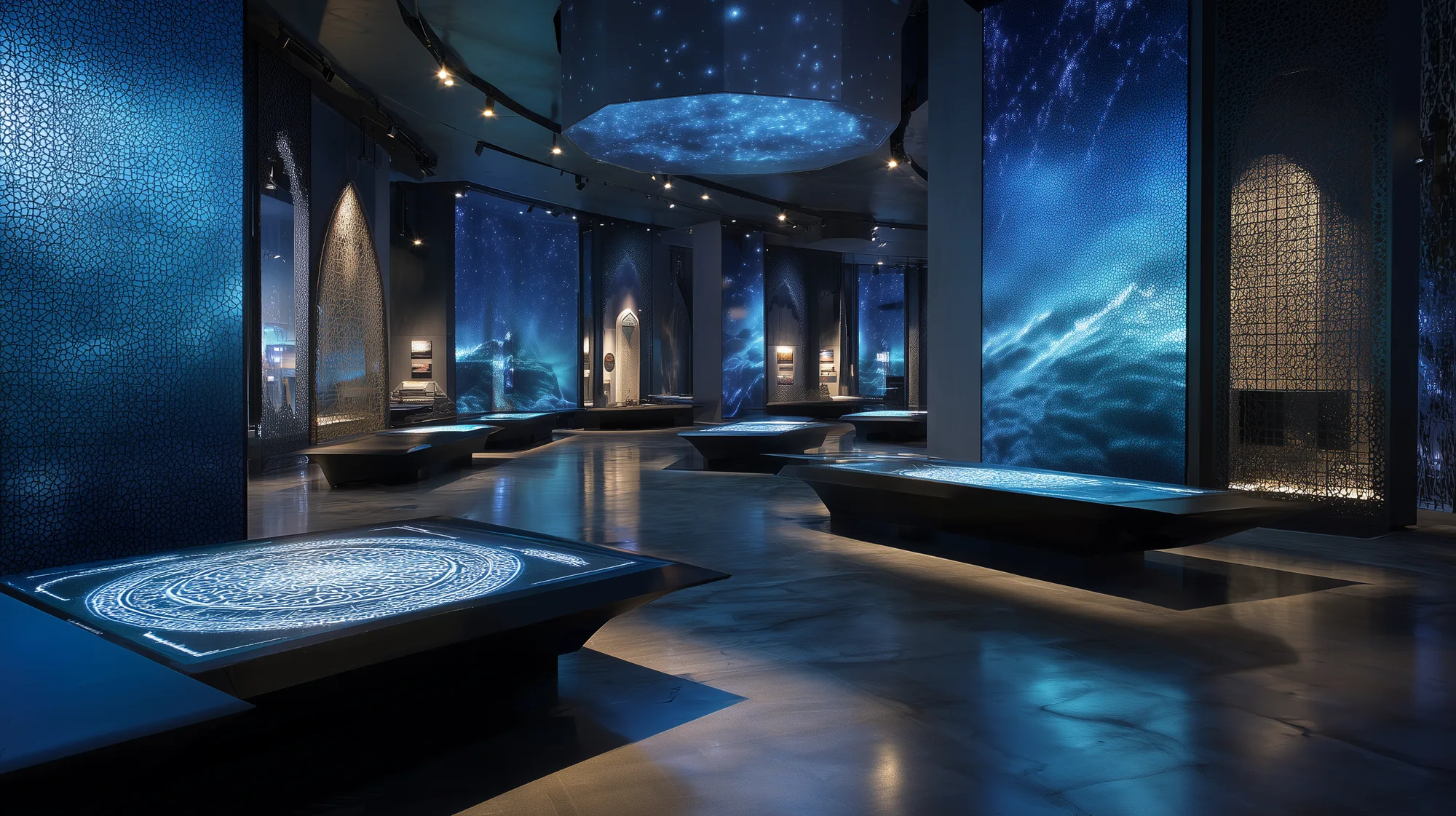 Blue star-ceiling hall with glowing arabesque display tables under deep space projections