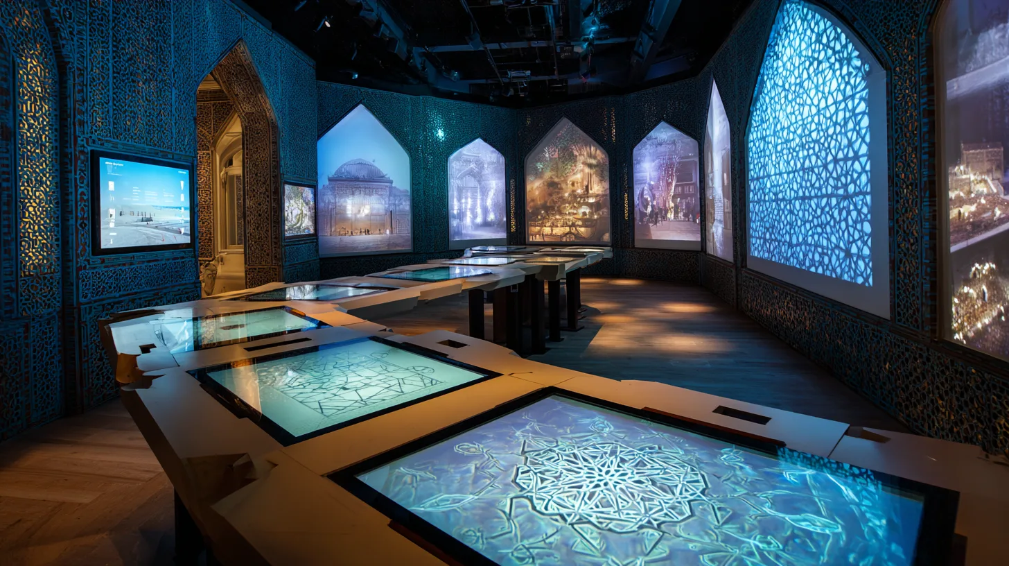 Interactive floor tables with arabesque motifs under arched niches showing Mecca imagery