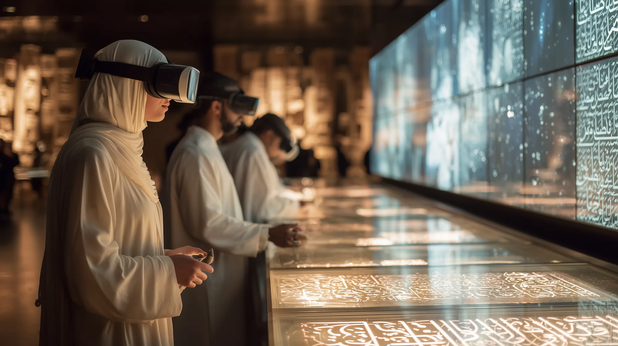 Saudi visitors wearing VR headsets alongside an illuminated Arabic calligraphy wall display