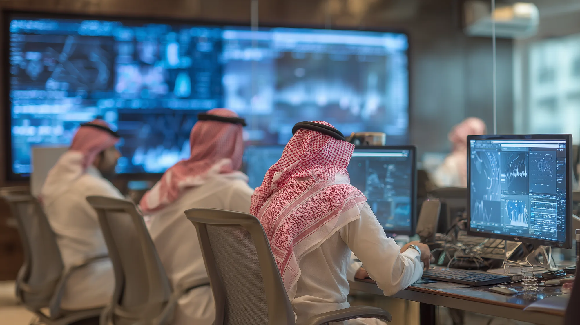 Saudi men in traditional dress working at multi-screen digital heritage production workstations