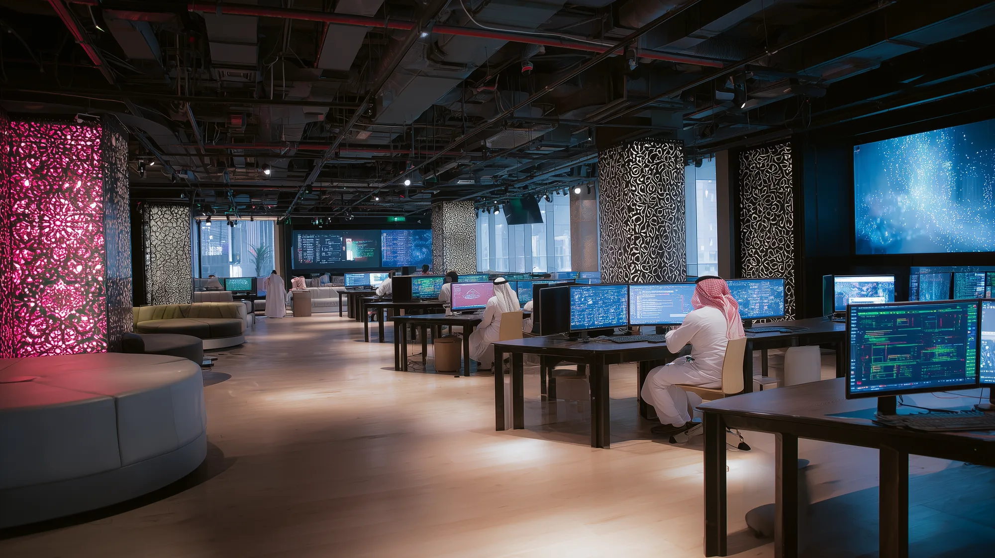 Wide tech operations lab with Saudi staff at computer desks beneath arabesque column lights