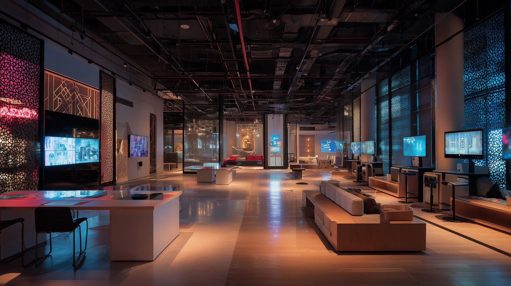 Open-plan Saudi tech center with display stands and arabesque-patterned divider walls