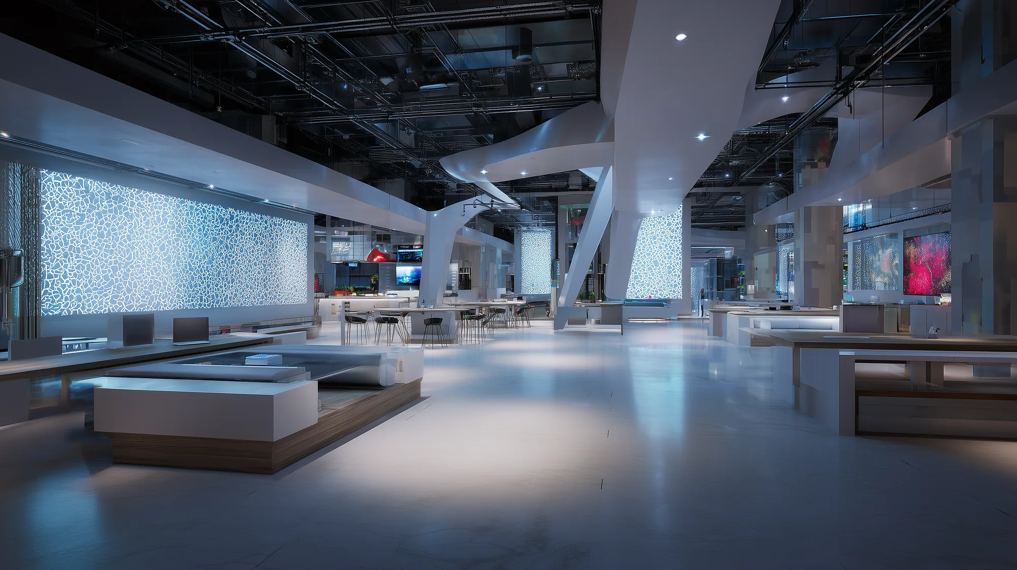 Spacious futuristic cultural tech floor with backlit arabesque feature wall and media kiosks