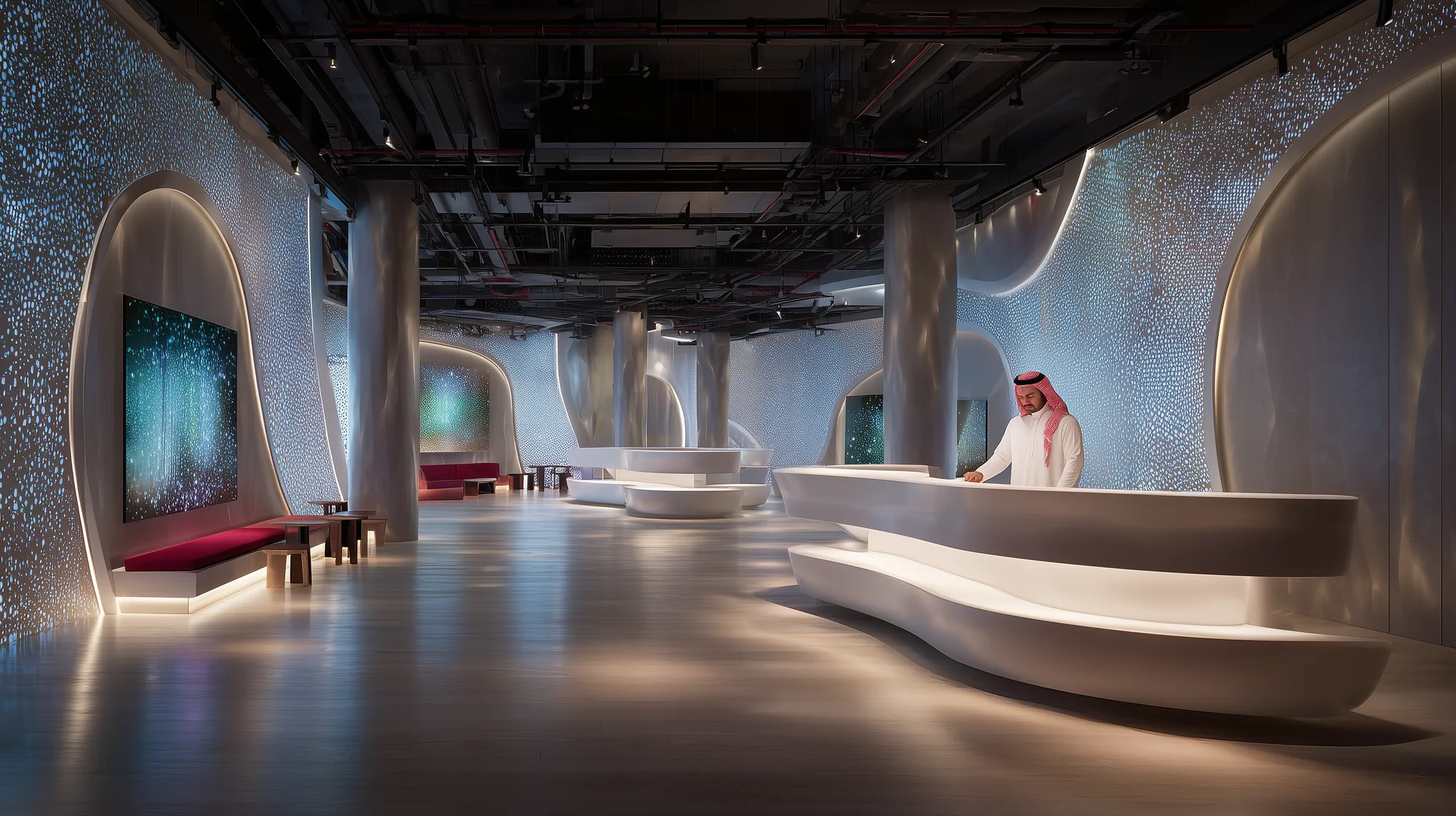 Saudi host at a curved white reception desk in a crystalline arabesque-cladded lobby