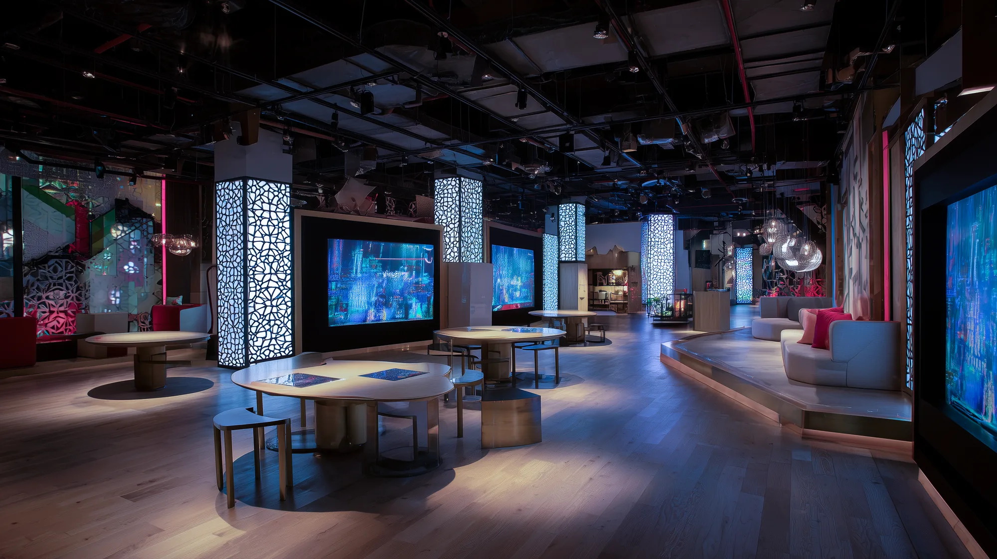 Dark lounge innovation zone with illuminated arabesque screen columns and digital display walls